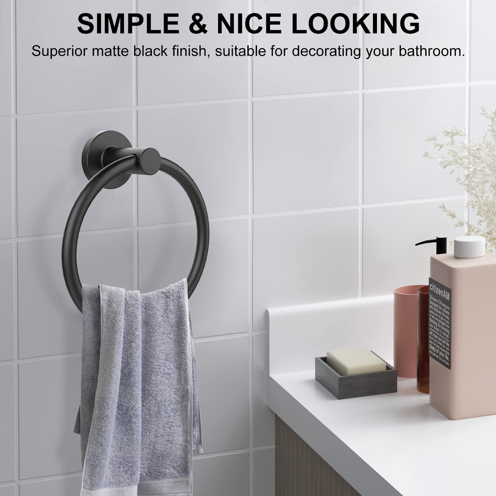 SetSail Towel Holder for Bathroom Wall Matte Black Towel Ring Stainless Steel Hand Towel Holder Heavy Duty Towel Hanger for Bath, Kitchen