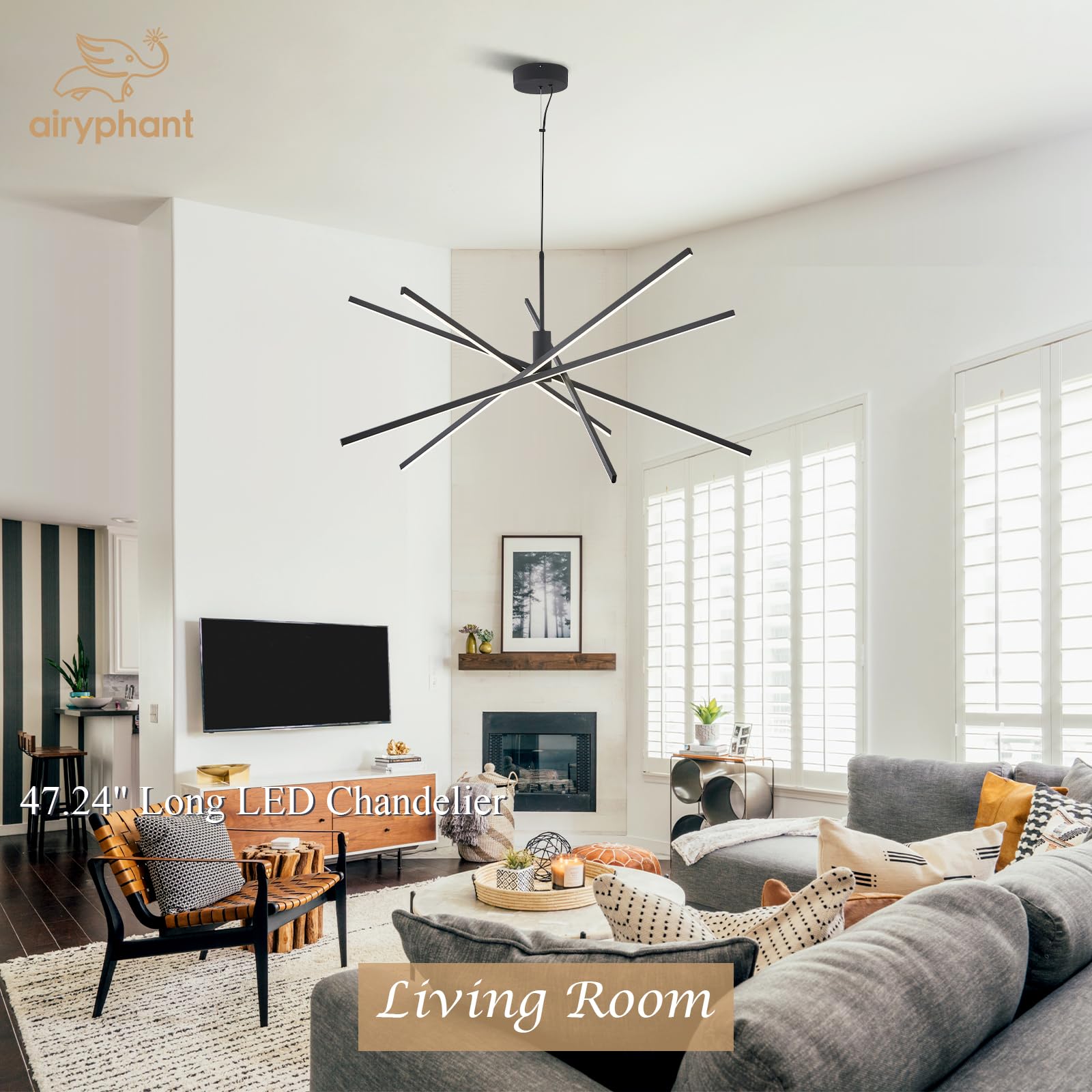 Black LED Chandelier for Dining Room, 27.76in Dimmable 4-Lights Modern Ceiling Pendant Light Fixture for Kitchen Living Room Entry Foyer 3000K/4000K/5000K 24W