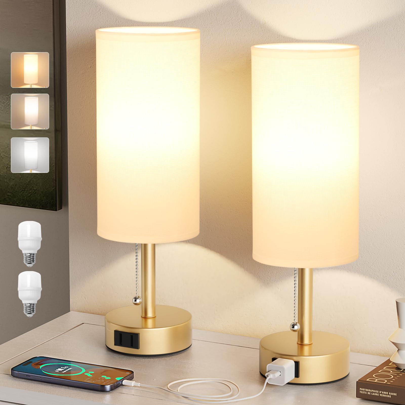 Bedside Table Lamps Set of 2-3 Color Temperatures Pull Chain Lamp with AC Outlet Charging Port, Small Round Night Stand Lamps for Bedroom Guest Room Office, Bed Side Light with E26 LED Bulbs