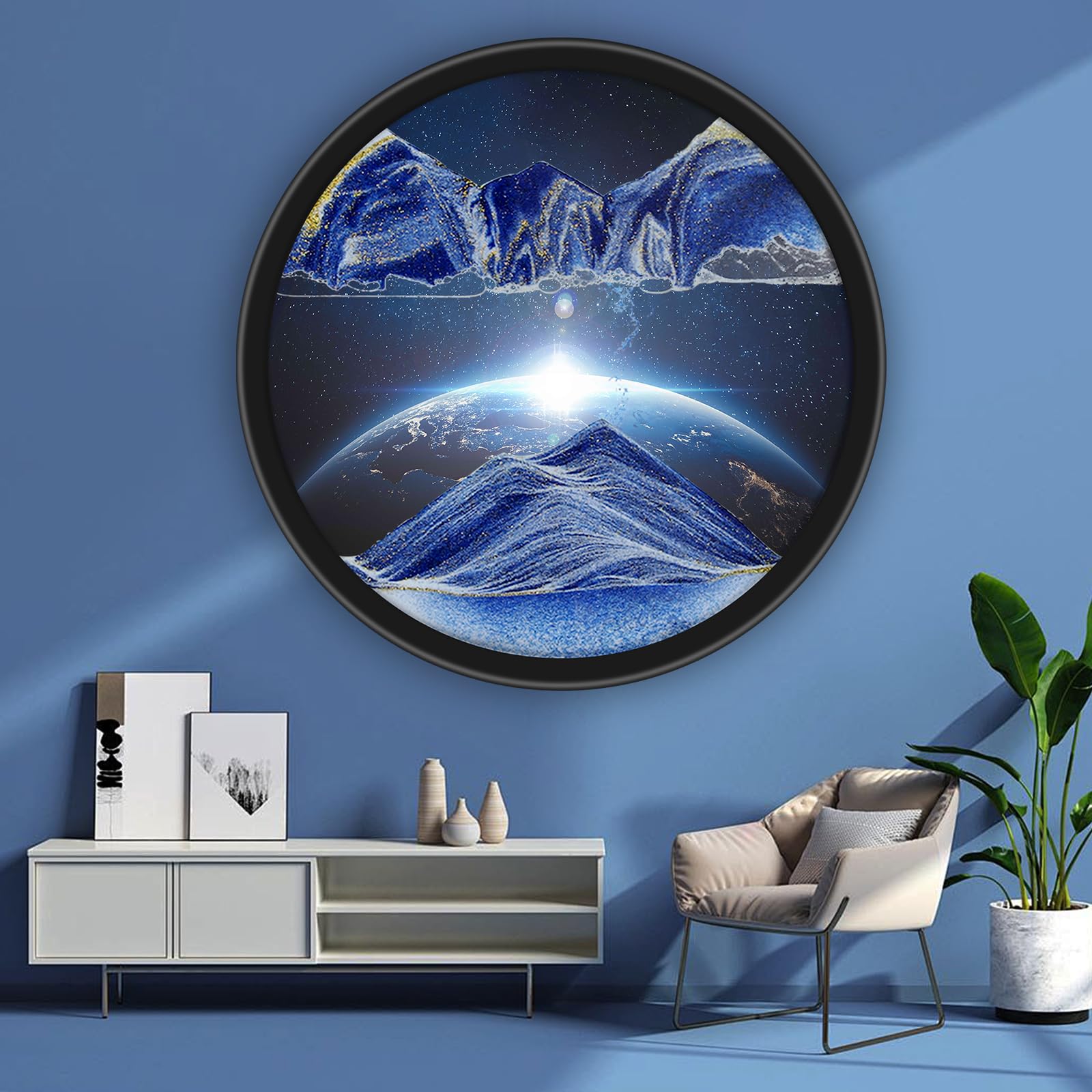 17.3" Moving Sand Art, 3D Sand Art Pictures Deep Sea Sandscape Living Room Decoration, 360° Rotate, Glass Crafts Solid Wood Frame, Relaxing Mood Home Office Work Wall Art Decor