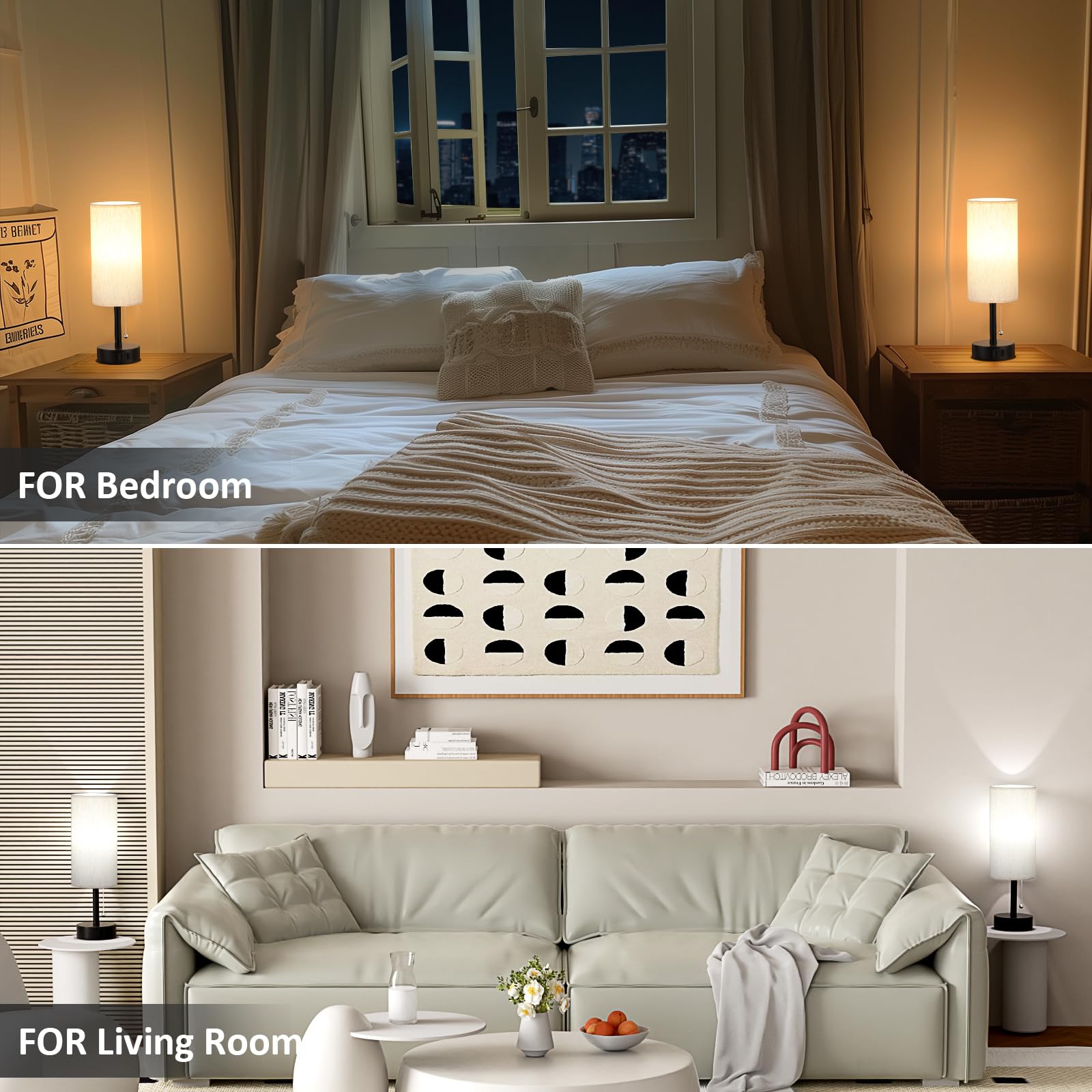 Bedside Table Lamps Set of 2-3 Color Temperatures Pull Chain Lamp with AC Outlet Charging Port, Small Round Night Stand Lamps for Bedroom Guest Room Office, Bed Side Light with E26 LED Bulbs