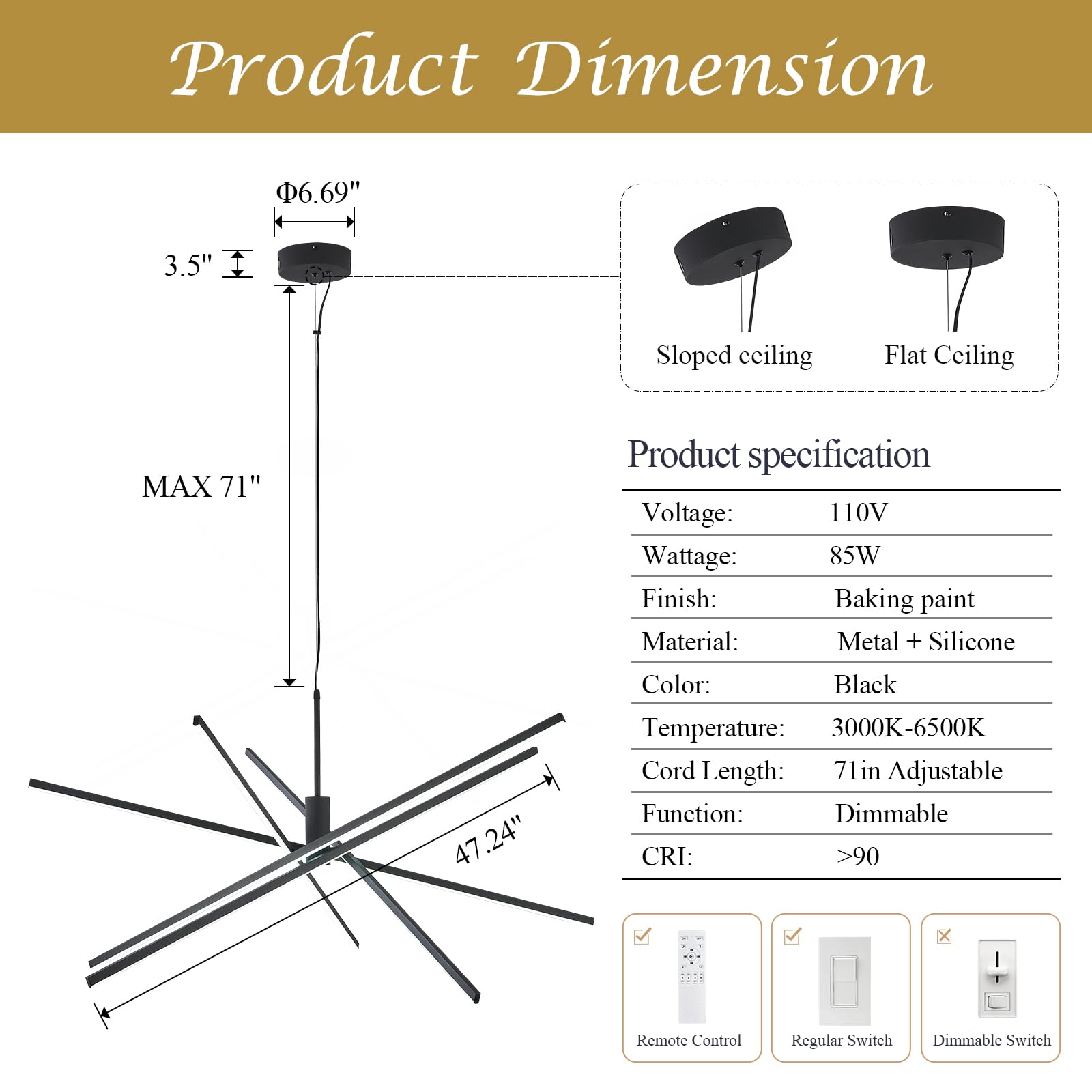 Black LED Chandelier for Dining Room, 27.76in Dimmable 4-Lights Modern Ceiling Pendant Light Fixture for Kitchen Living Room Entry Foyer 3000K/4000K/5000K 24W