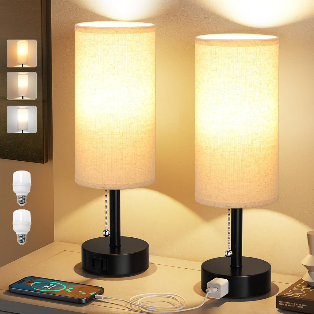 Bedside Table Lamps Set of 2-3 Color Temperatures Pull Chain Lamp with AC Outlet Charging Port, Small Round Night Stand Lamps for Bedroom Guest Room Office, Bed Side Light with E26 LED Bulbs