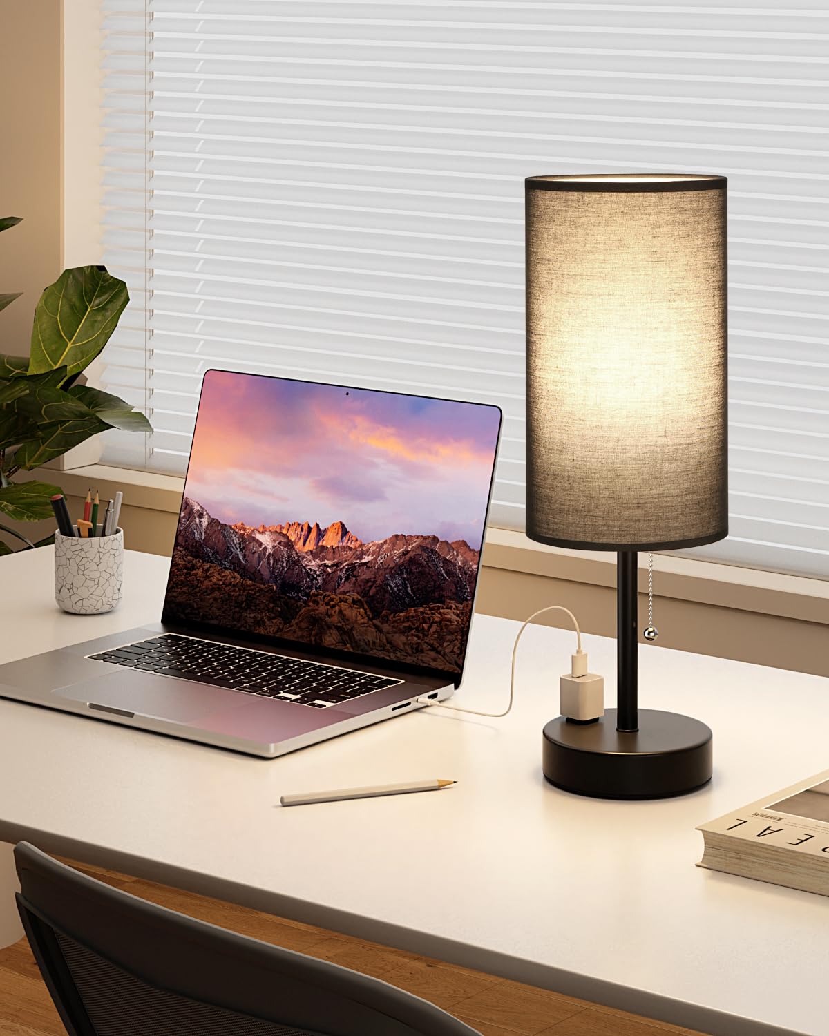 Bedside Table Lamps Set of 2-3 Color Temperatures Pull Chain Lamp with AC Outlet Charging Port, Small Round Night Stand Lamps for Bedroom Guest Room Office, Bed Side Light with E26 LED Bulbs