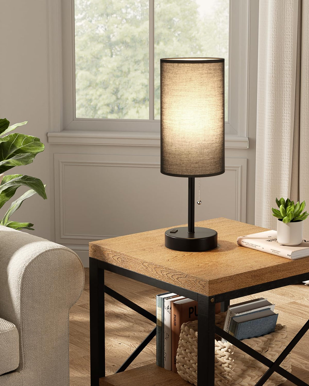 Bedside Table Lamps Set of 2-3 Color Temperatures Pull Chain Lamp with AC Outlet Charging Port, Small Round Night Stand Lamps for Bedroom Guest Room Office, Bed Side Light with E26 LED Bulbs