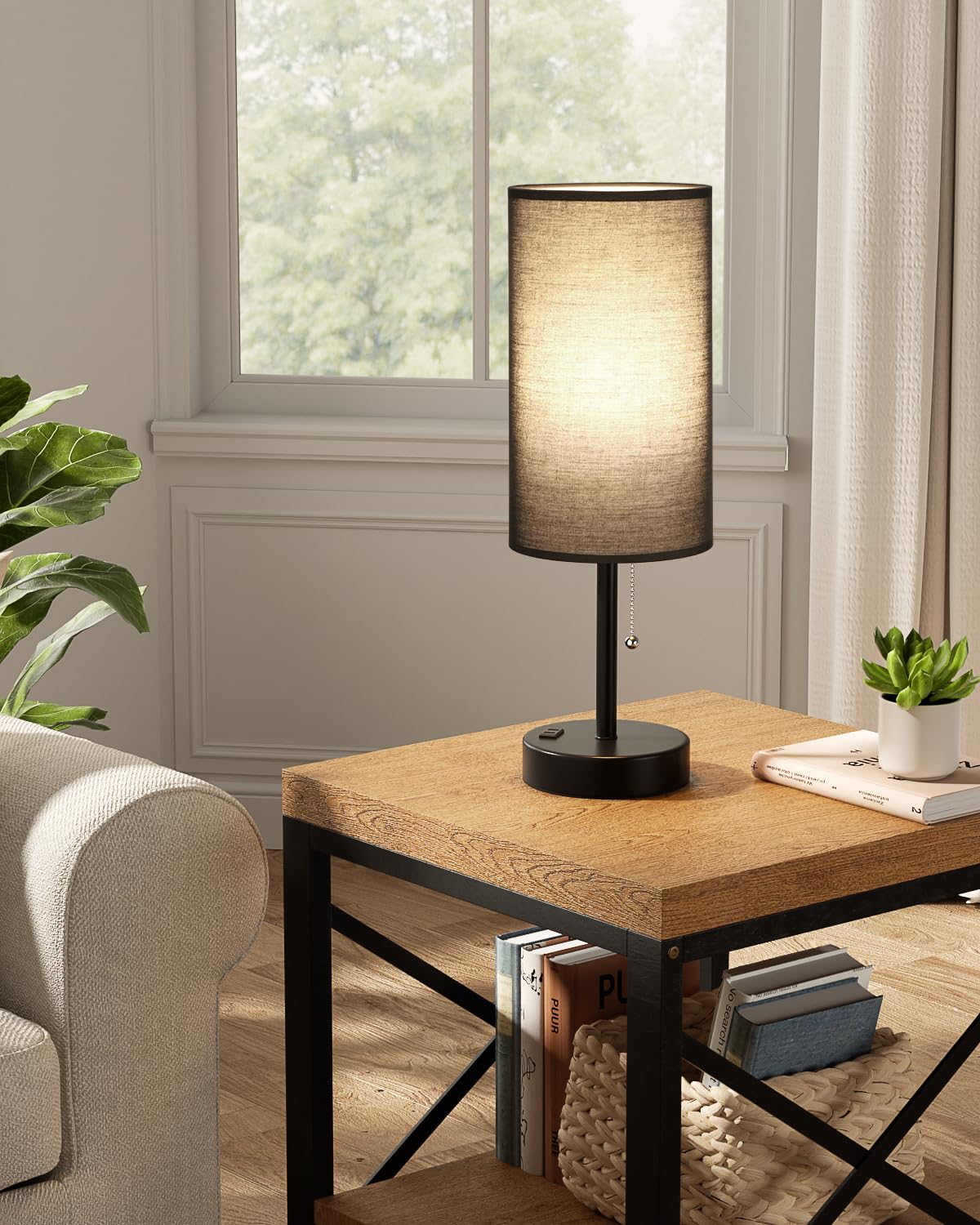 Bedside Table Lamps Set of 2-3 Color Temperatures Pull Chain Lamp with AC Outlet Charging Port, Small Round Night Stand Lamps for Bedroom Guest Room Office, Bed Side Light with E26 LED Bulbs