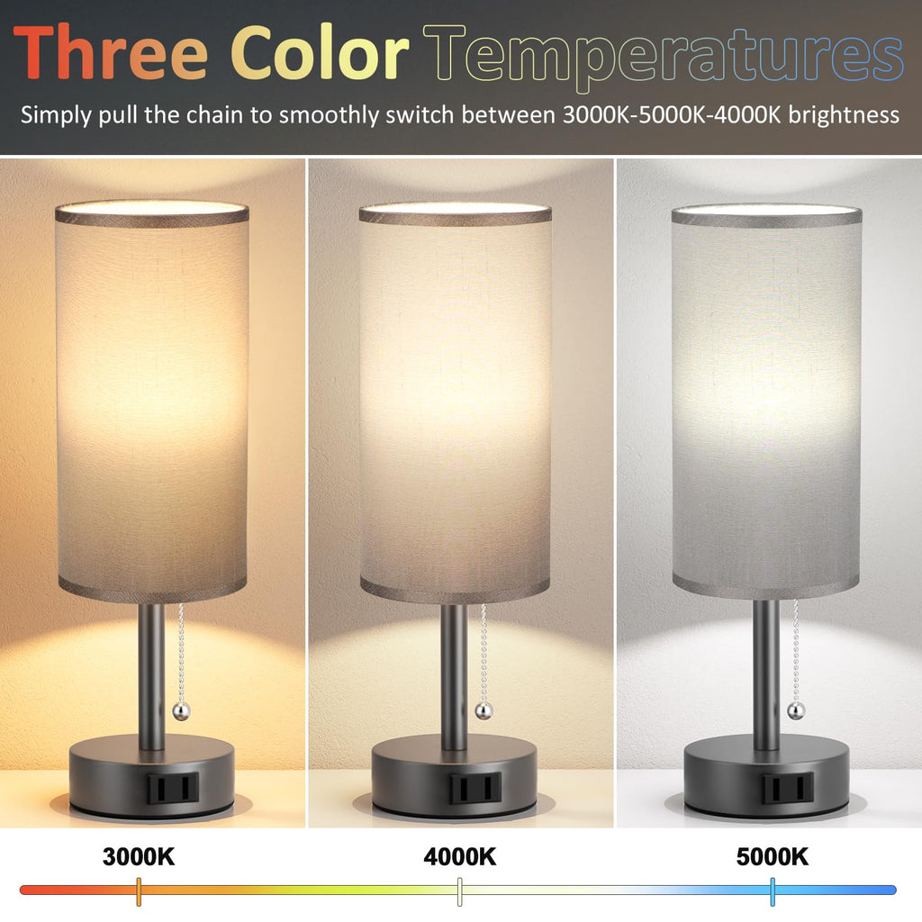 Bedside Table Lamps Set of 2-3 Color Temperatures Pull Chain Lamp with AC Outlet Charging Port, Small Round Night Stand Lamps for Bedroom Guest Room Office, Bed Side Light with E26 LED Bulbs