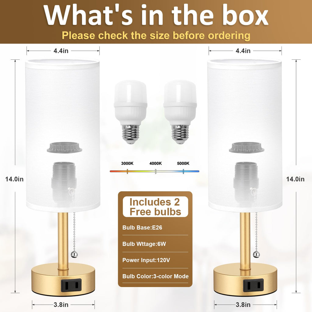 Bedside Table Lamps Set of 2-3 Color Temperatures Pull Chain Lamp with AC Outlet Charging Port, Small Round Night Stand Lamps for Bedroom Guest Room Office, Bed Side Light with E26 LED Bulbs