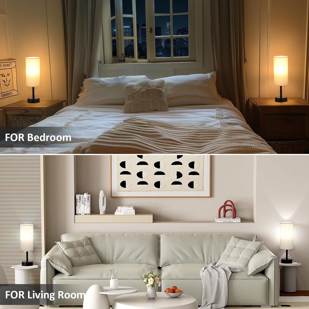 Bedside Table Lamps Set of 2-3 Color Temperatures Pull Chain Lamp with AC Outlet Charging Port, Small Round Night Stand Lamps for Bedroom Guest Room Office, Bed Side Light with E26 LED Bulbs