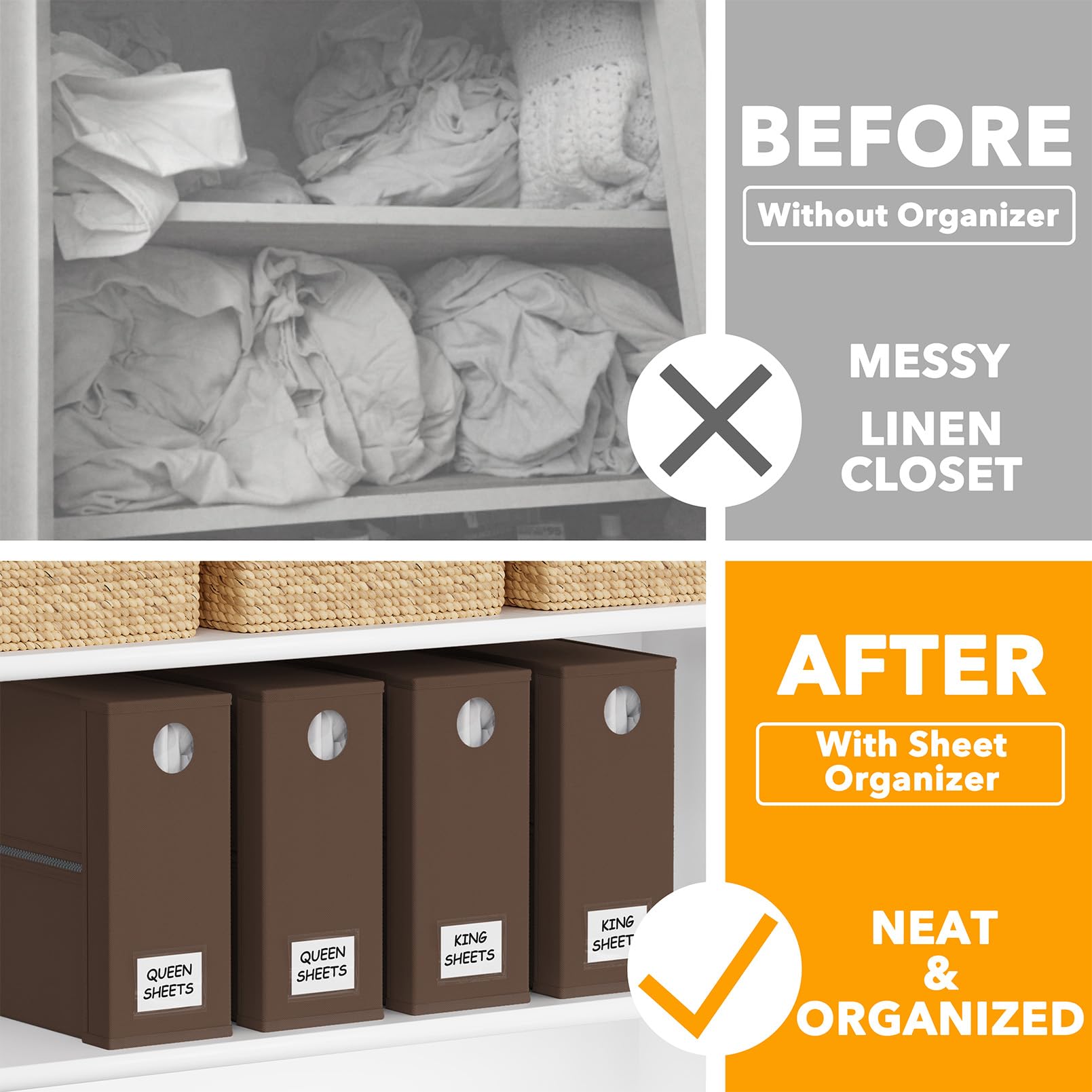 SpaceAid 4 Pack Bed Sheet Organizers and Storage, Foldable Organizer for Linen Closet, Sheets Set Folder Keeper with Window XL (Queen & King Size) Organizing Bedding Container, Gray 91ZDSN-SL01-G4