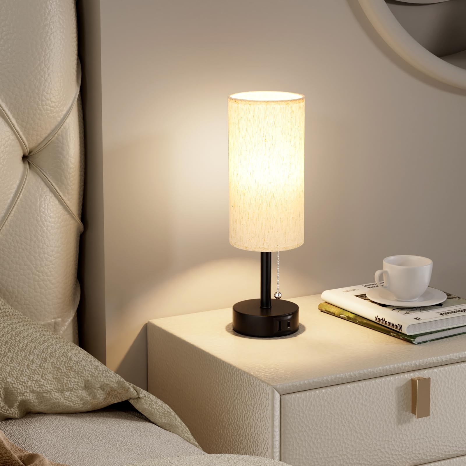 Bedside Table Lamps Set of 2-3 Color Temperatures Pull Chain Lamp with AC Outlet Charging Port, Small Round Night Stand Lamps for Bedroom Guest Room Office, Bed Side Light with E26 LED Bulbs
