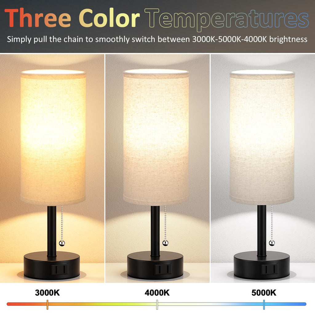 Bedside Table Lamps Set of 2-3 Color Temperatures Pull Chain Lamp with AC Outlet Charging Port, Small Round Night Stand Lamps for Bedroom Guest Room Office, Bed Side Light with E26 LED Bulbs