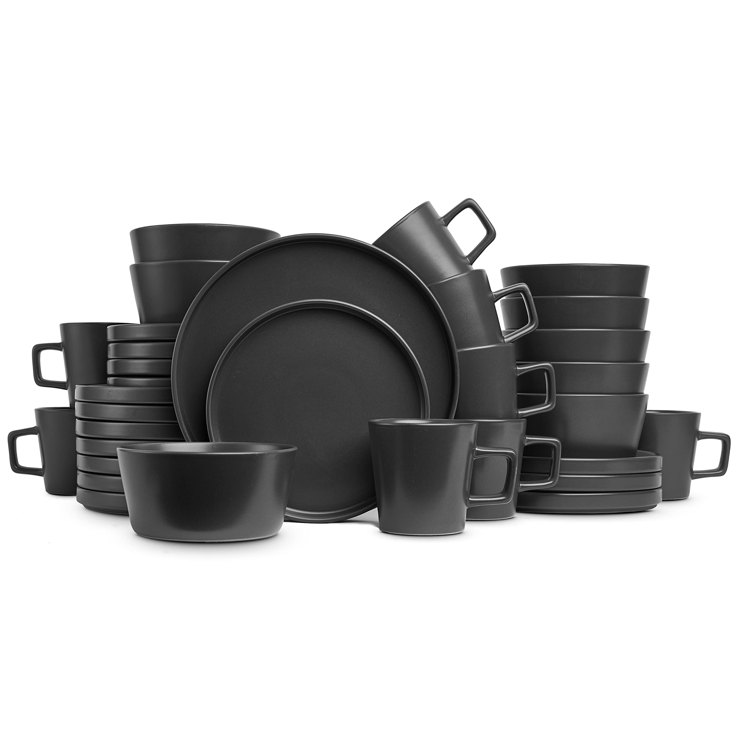 Stone Lain Celina Stoneware 16 Piece Dinnerware Set, Plates and Bowls, Black Matte Dish, Service for 4 – Minimalist Round Style, Microwave & Dishwasher Safe