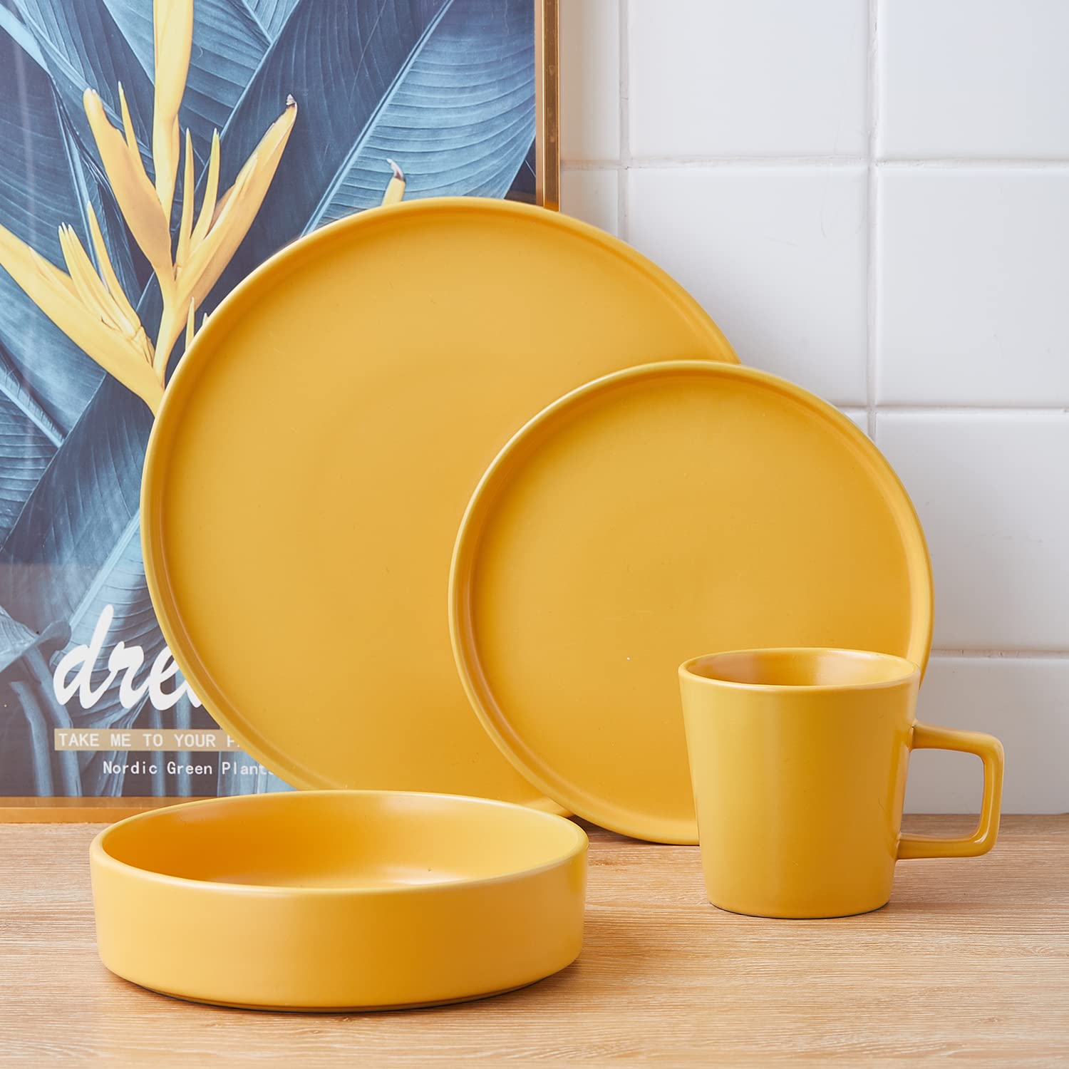 Stone Lain Celina Stoneware 16 Piece Dinnerware Set, Plates and Bowls, Black Matte Dish, Service for 4 – Minimalist Round Style, Microwave & Dishwasher Safe