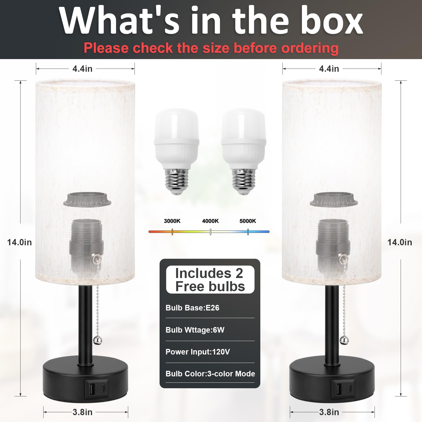 Bedside Table Lamps Set of 2-3 Color Temperatures Pull Chain Lamp with AC Outlet Charging Port, Small Round Night Stand Lamps for Bedroom Guest Room Office, Bed Side Light with E26 LED Bulbs