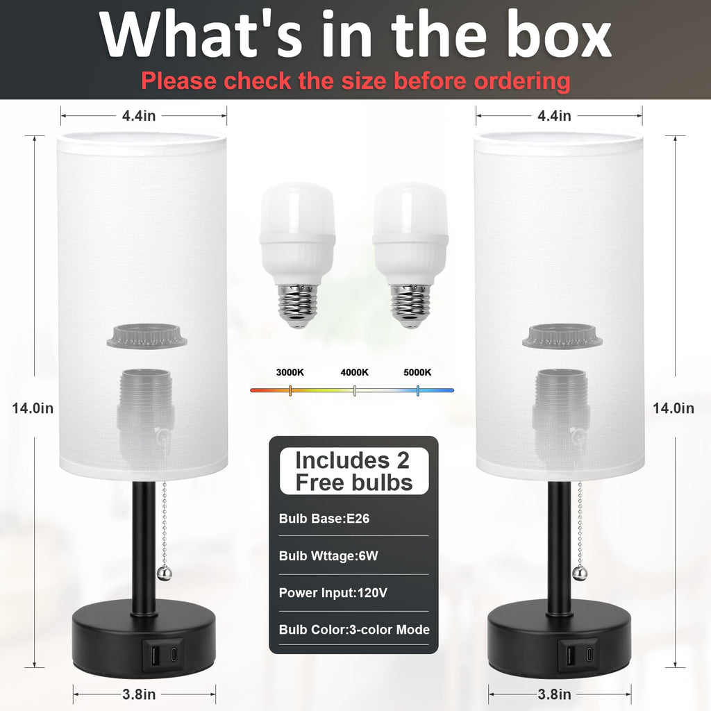 Bedside Table Lamps Set of 2-3 Color Temperatures Pull Chain Lamp with AC Outlet Charging Port, Small Round Night Stand Lamps for Bedroom Guest Room Office, Bed Side Light with E26 LED Bulbs