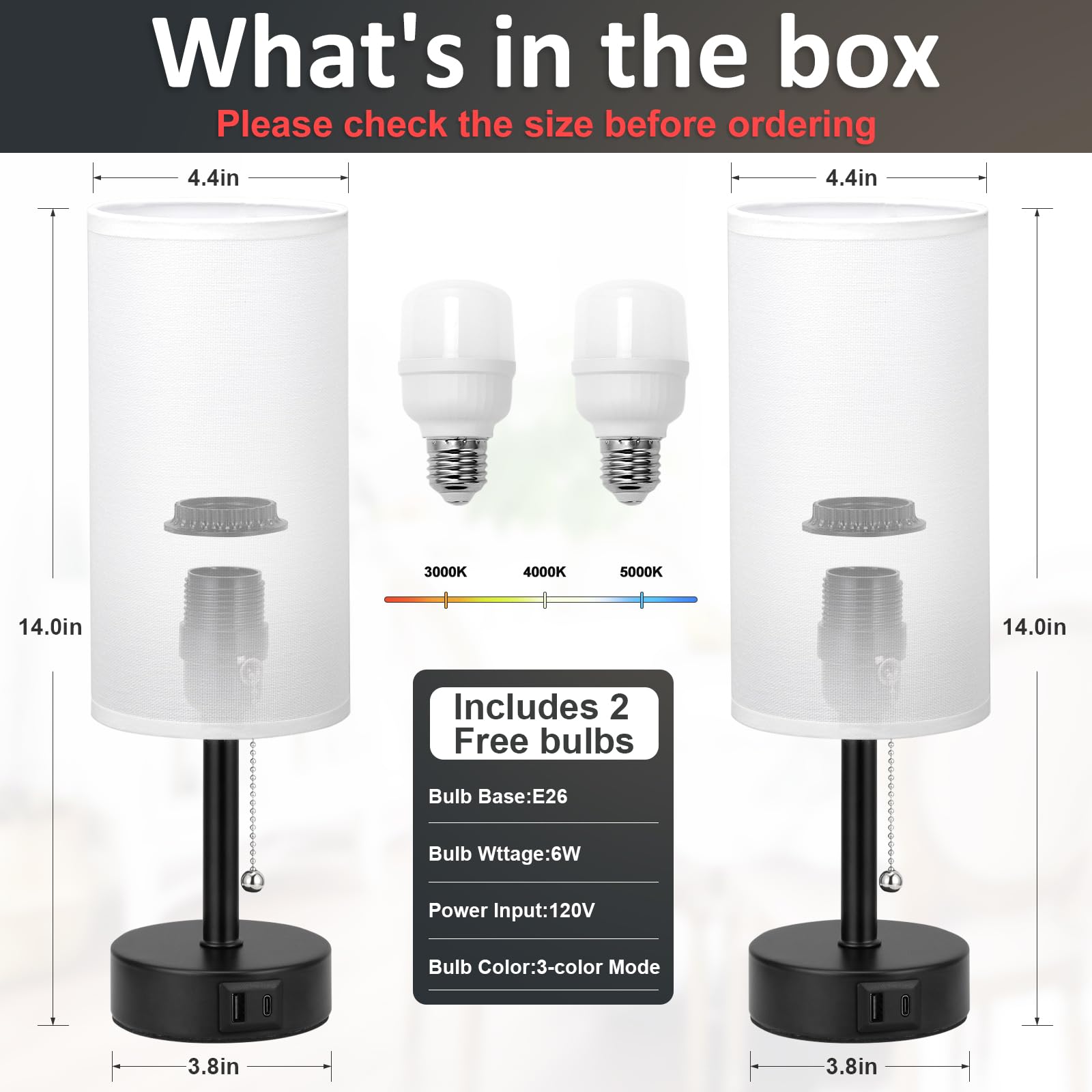 Bedside Table Lamps Set of 2-3 Color Temperatures Pull Chain Lamp with AC Outlet Charging Port, Small Round Night Stand Lamps for Bedroom Guest Room Office, Bed Side Light with E26 LED Bulbs