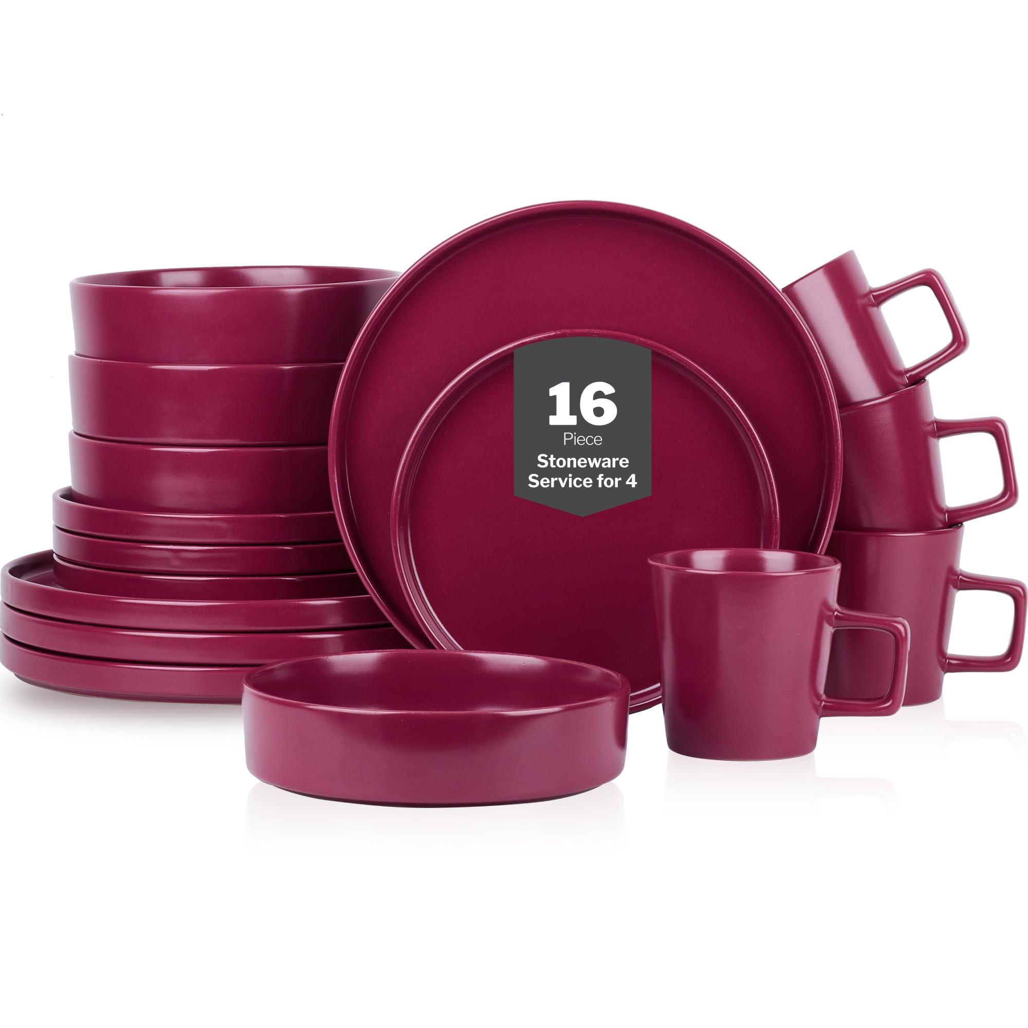 Stone Lain Celina Stoneware 16 Piece Dinnerware Set, Plates and Bowls, Black Matte Dish, Service for 4 – Minimalist Round Style, Microwave & Dishwasher Safe