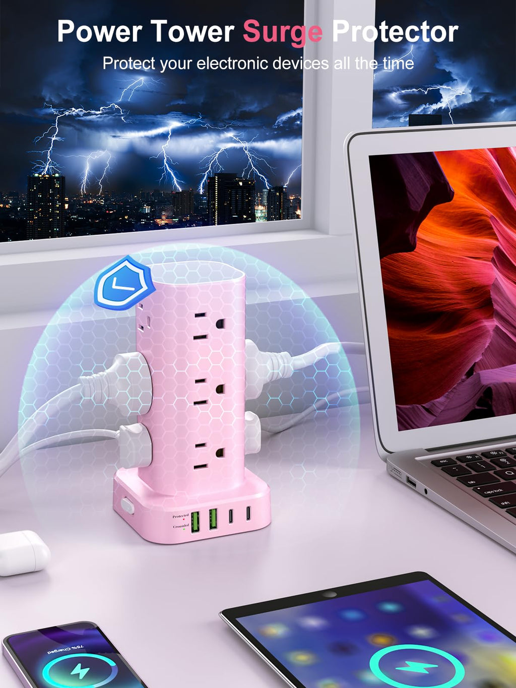 Power Strip Tower with Wireless Charger, Flat Plug Surge Protector Tower with 6FT Extension Cord, 12 AC Multiple Outlets, 4 USB (2 USB C),15W Wireless Charging Power Tower for Home Office Dorm, White