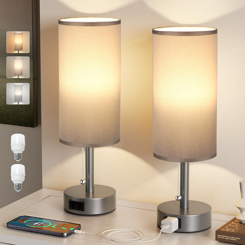 Bedside Table Lamps Set of 2-3 Color Temperatures Pull Chain Lamp with AC Outlet Charging Port, Small Round Night Stand Lamps for Bedroom Guest Room Office, Bed Side Light with E26 LED Bulbs