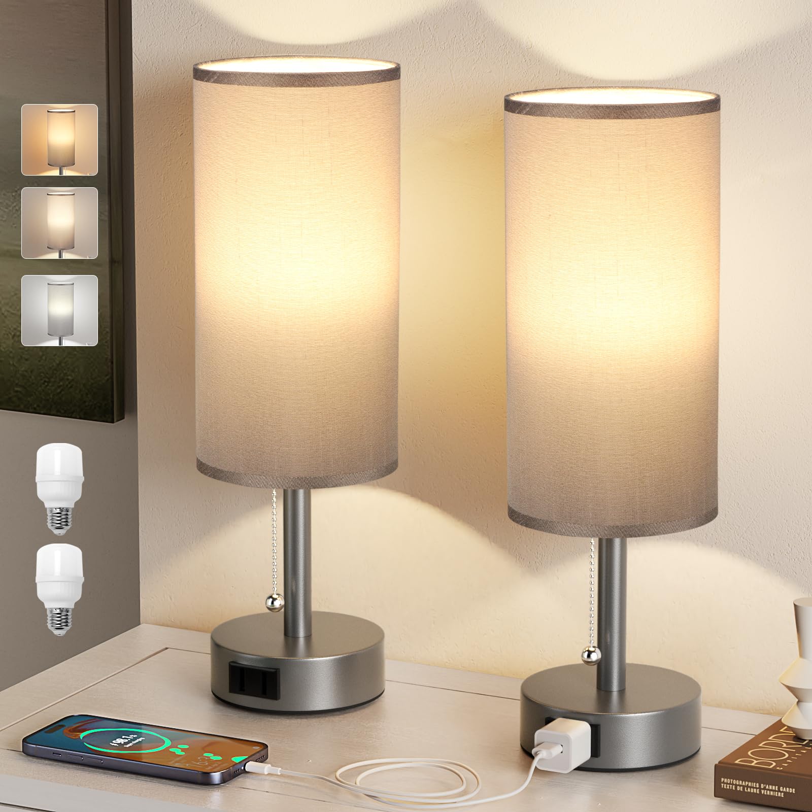 Bedside Table Lamps Set of 2-3 Color Temperatures Pull Chain Lamp with AC Outlet Charging Port, Small Round Night Stand Lamps for Bedroom Guest Room Office, Bed Side Light with E26 LED Bulbs