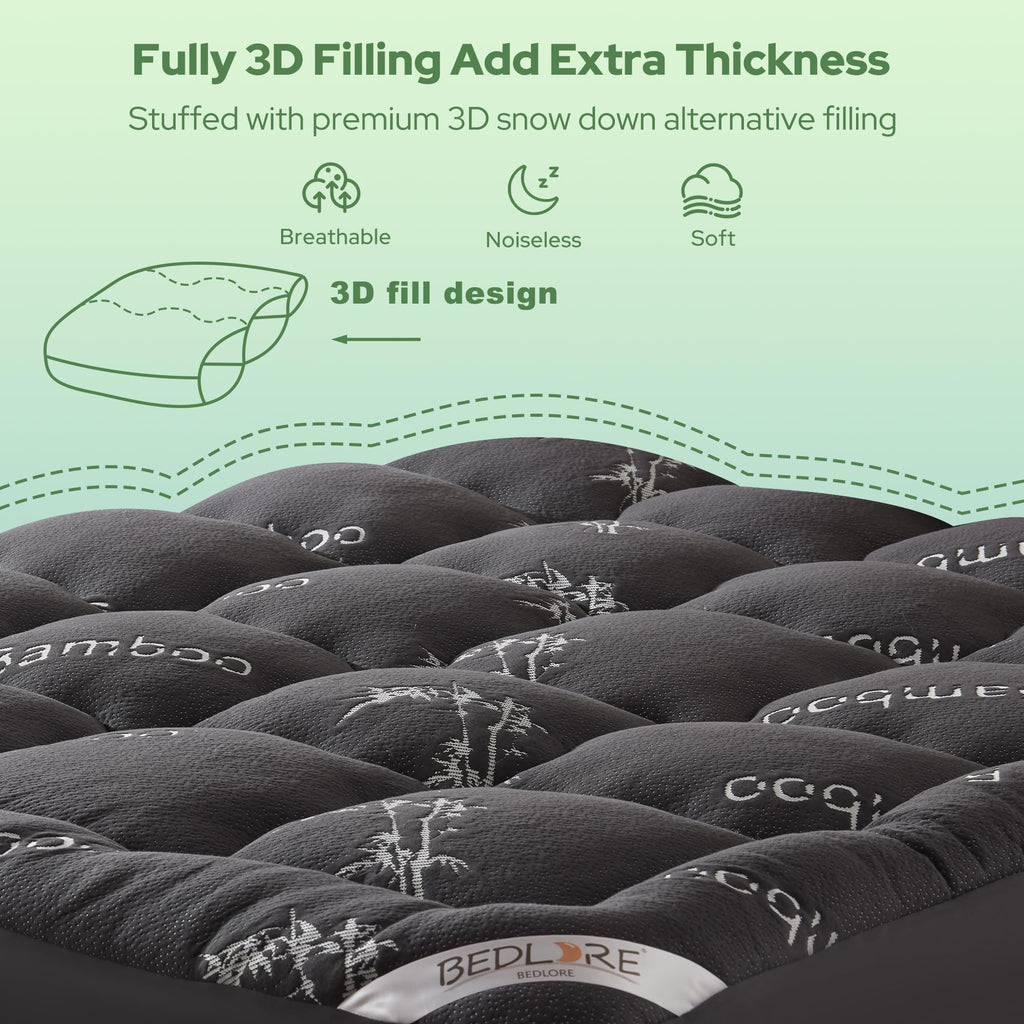 BEDLORE California King Mattress Topper Viscose Derived from Bamboo, Thick Pillow Top Mattress Pad with Stretchable Pockets for 6"-18" Mattress, Soft Mattress Topper for Back Pain Relief(Dark Gray)
