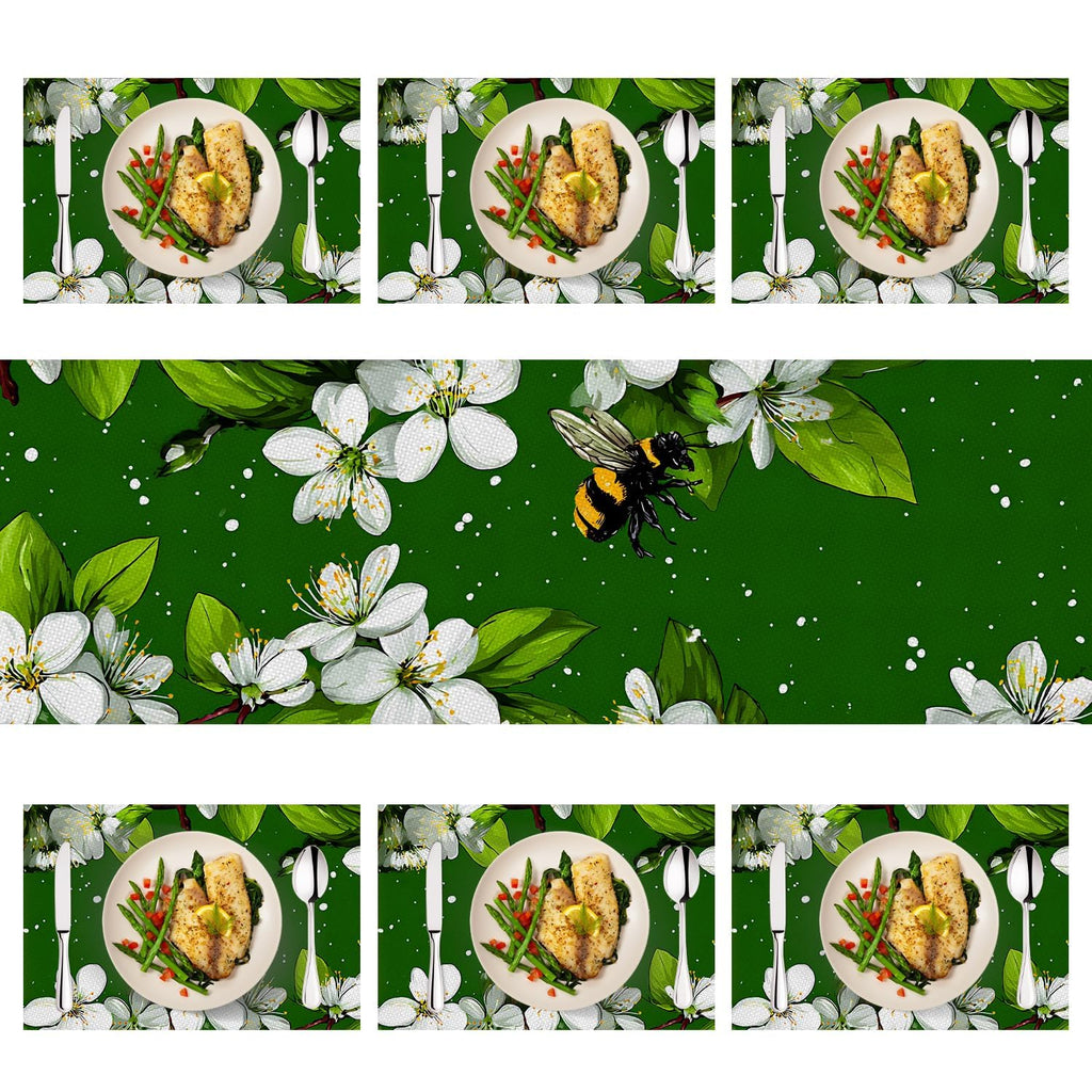 Marble Table Runner and Placemats Set of 6, Black & White Marble with Gold Vein Design, 1 Table Runner (72x13 in) + 6 Placemats (17.7x11.8 in), Elegant Dining Table Decor