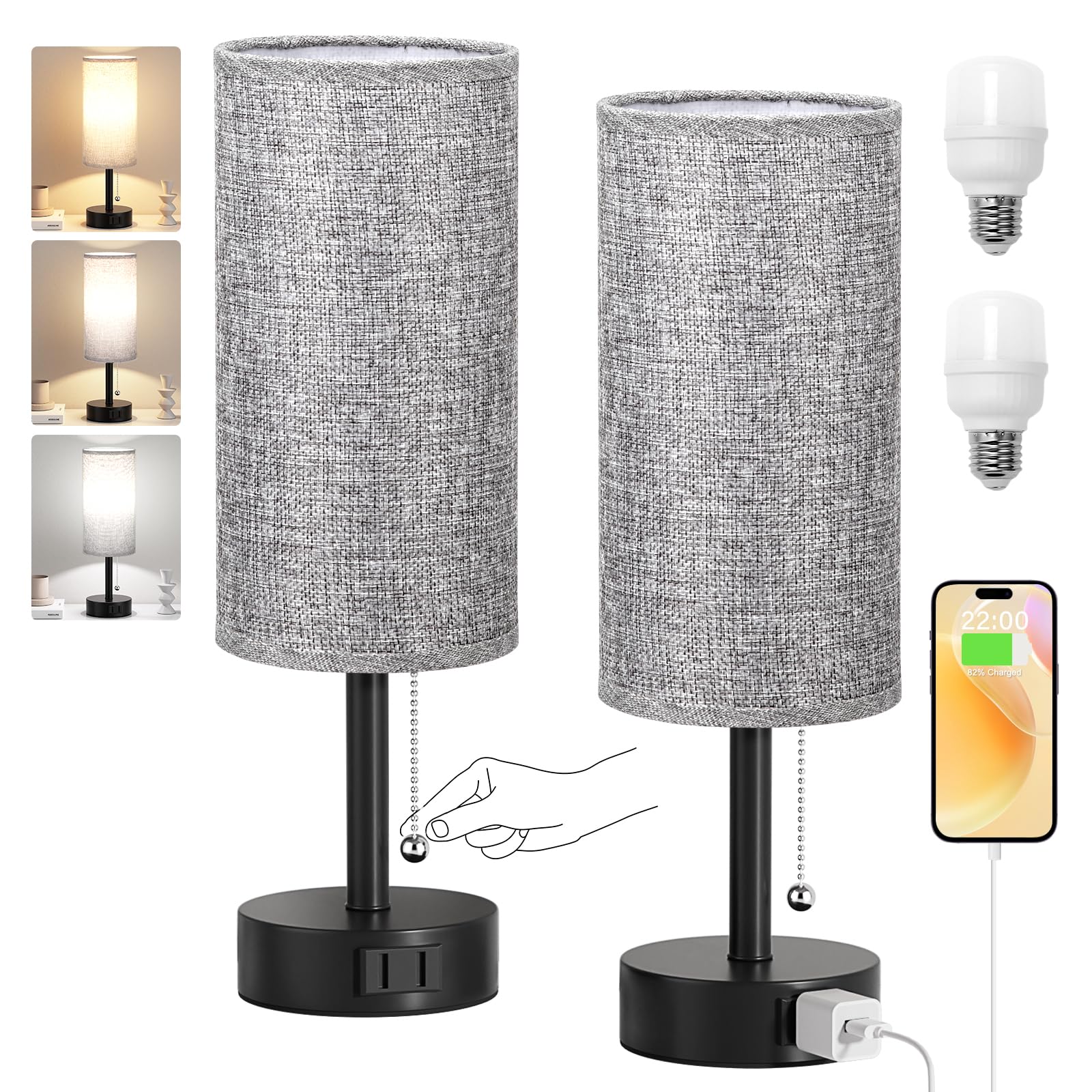 Bedside Table Lamps Set of 2-3 Color Temperatures Pull Chain Lamp with AC Outlet Charging Port, Small Round Night Stand Lamps for Bedroom Guest Room Office, Bed Side Light with E26 LED Bulbs