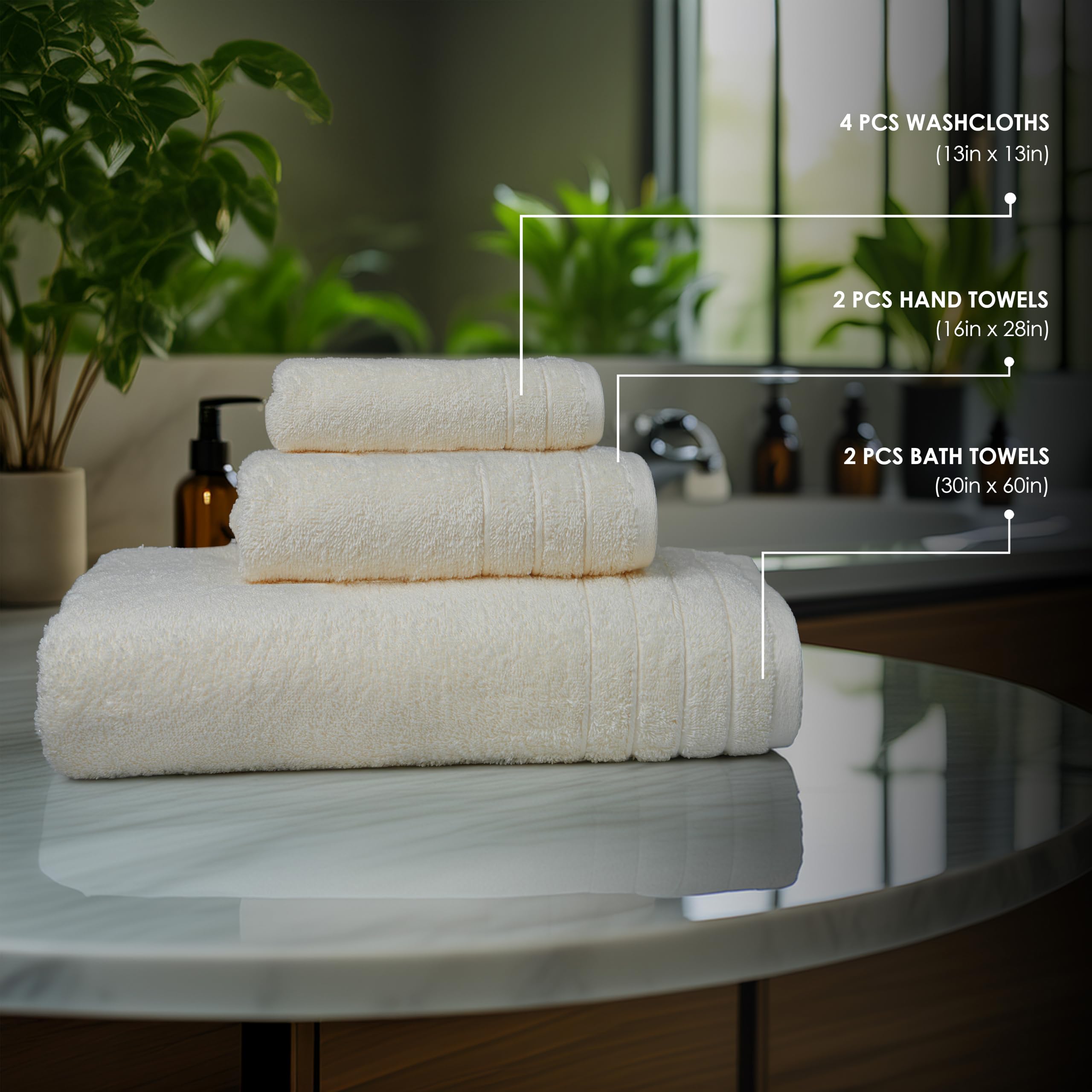 Tens Towels Pack of 8 Towels Set, 2 Extra Large Bath, 2 Hand, 4 Washcloths, 100% Cotton, Lighter Weight, Quicker to Dry, Super Absorbent, Perfect for Bathroom, Dark Grey