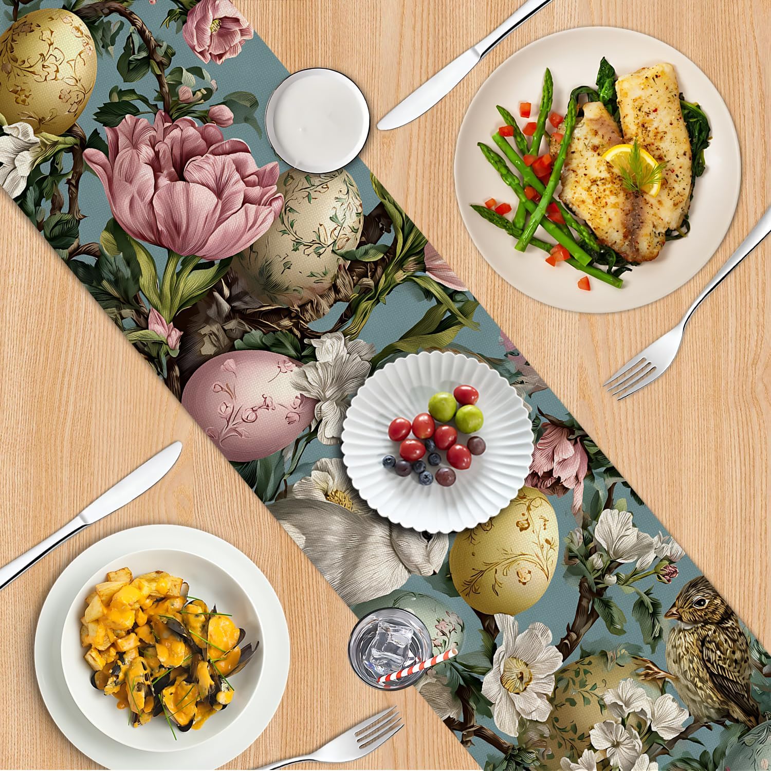 Marble Table Runner and Placemats Set of 6, Black & White Marble with Gold Vein Design, 1 Table Runner (72x13 in) + 6 Placemats (17.7x11.8 in), Elegant Dining Table Decor