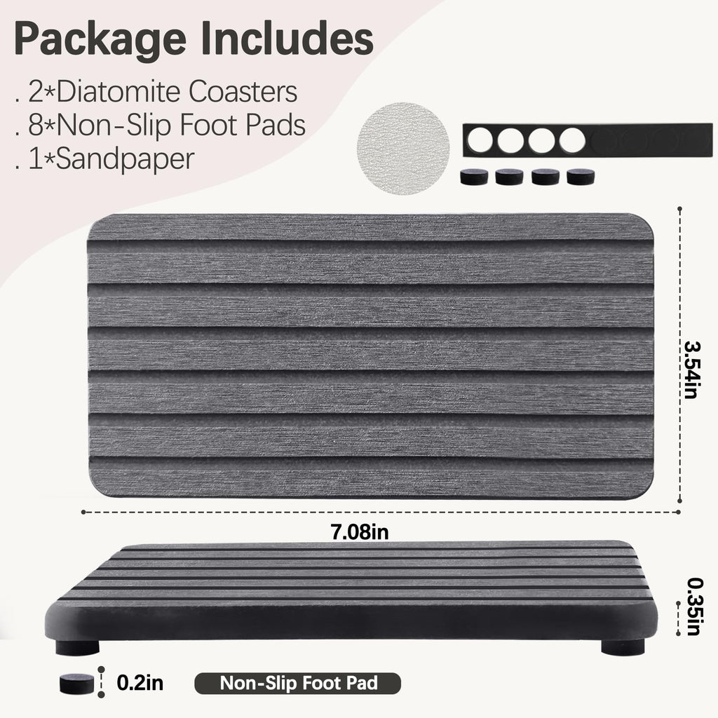 NiuYichee 2 PCS Water Absorbent diatomite Coasters, 8.3" x 4" Water Absorbing Stone Tray for Sink, Stone Drying mat for Kitchen Counter, Stone soap Tray Used for Hand Soaps & toiletries & Plants