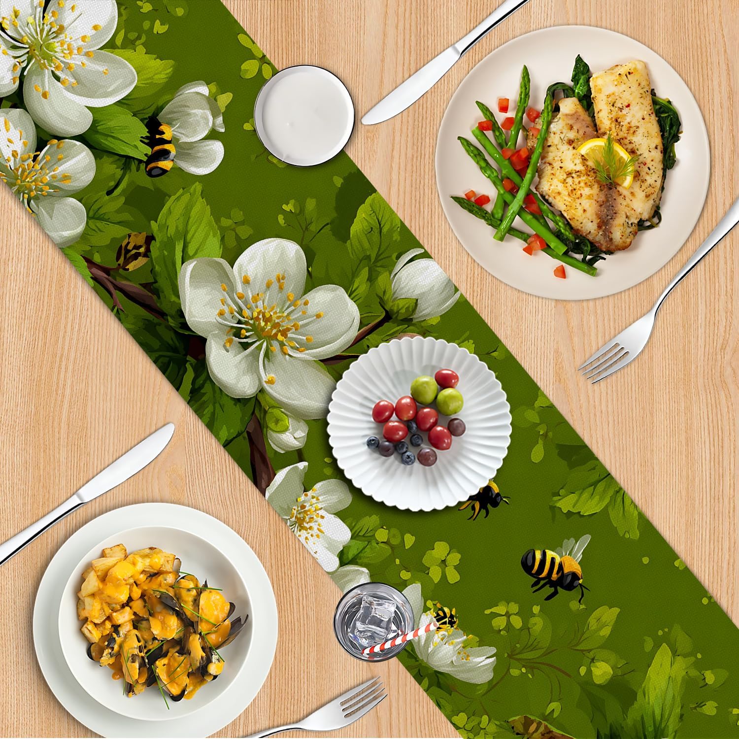 Marble Table Runner and Placemats Set of 6, Black & White Marble with Gold Vein Design, 1 Table Runner (72x13 in) + 6 Placemats (17.7x11.8 in), Elegant Dining Table Decor
