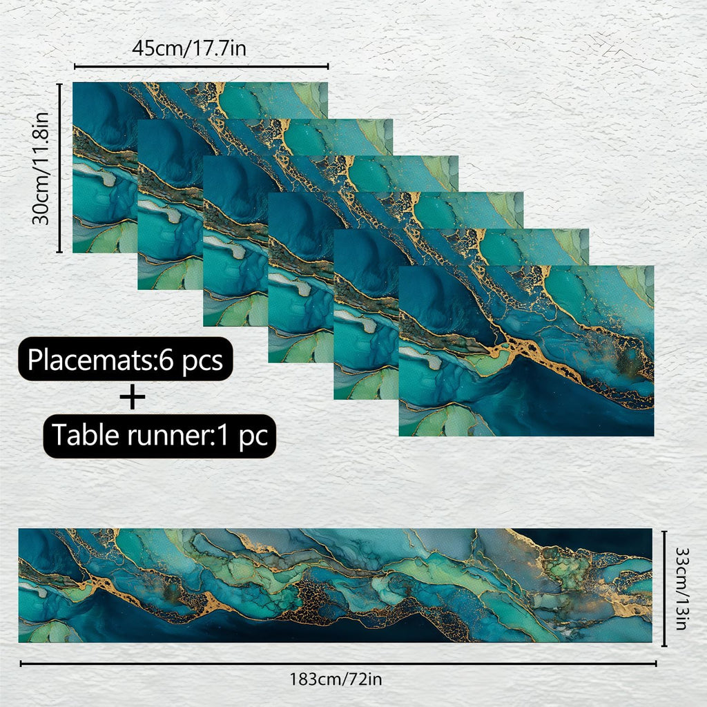 Marble Table Runner and Placemats Set of 6, Black & White Marble with Gold Vein Design, 1 Table Runner (72x13 in) + 6 Placemats (17.7x11.8 in), Elegant Dining Table Decor