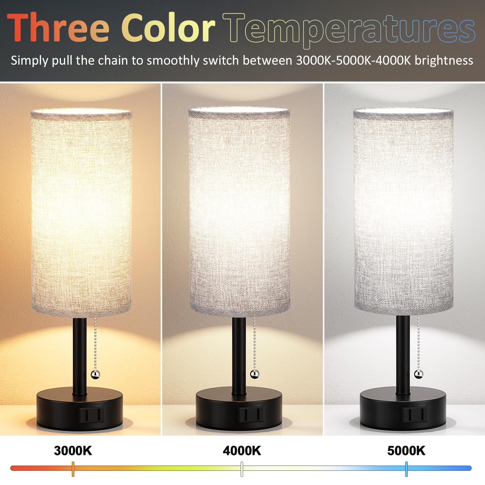Bedside Table Lamps Set of 2-3 Color Temperatures Pull Chain Lamp with AC Outlet Charging Port, Small Round Night Stand Lamps for Bedroom Guest Room Office, Bed Side Light with E26 LED Bulbs