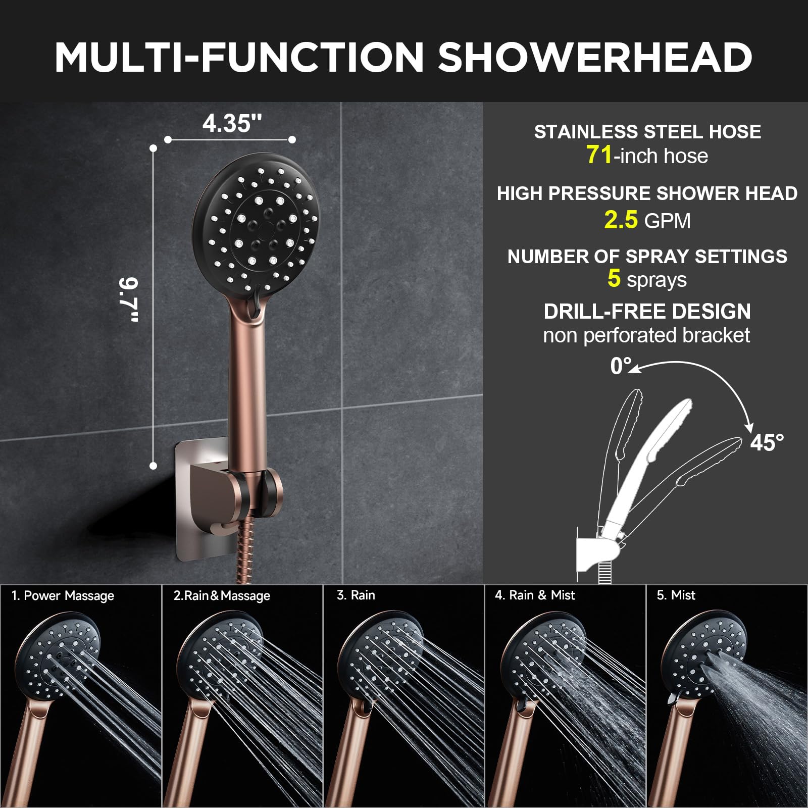 Veken Wide High Pressure Rain Shower Head with Handheld, Handheld Shower Heads with Multi Spray Modes, Rainfall Combo with 15" Metal Extension Arm,Detachable Dual Shower, Bathroom Decor,Chrome Silver