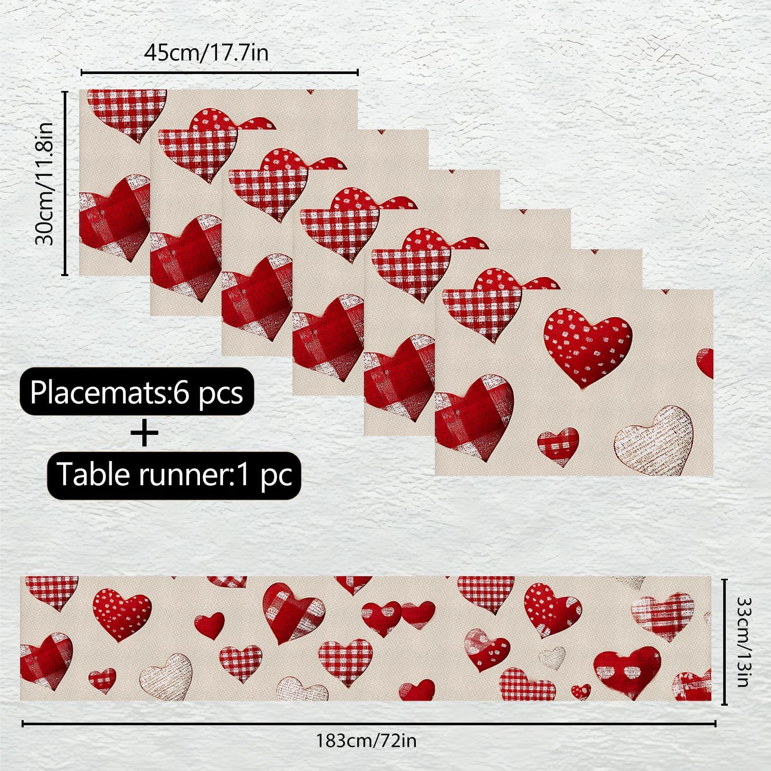 Marble Table Runner and Placemats Set of 6, Black & White Marble with Gold Vein Design, 1 Table Runner (72x13 in) + 6 Placemats (17.7x11.8 in), Elegant Dining Table Decor
