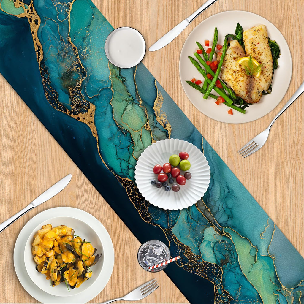 Marble Table Runner and Placemats Set of 6, Black & White Marble with Gold Vein Design, 1 Table Runner (72x13 in) + 6 Placemats (17.7x11.8 in), Elegant Dining Table Decor