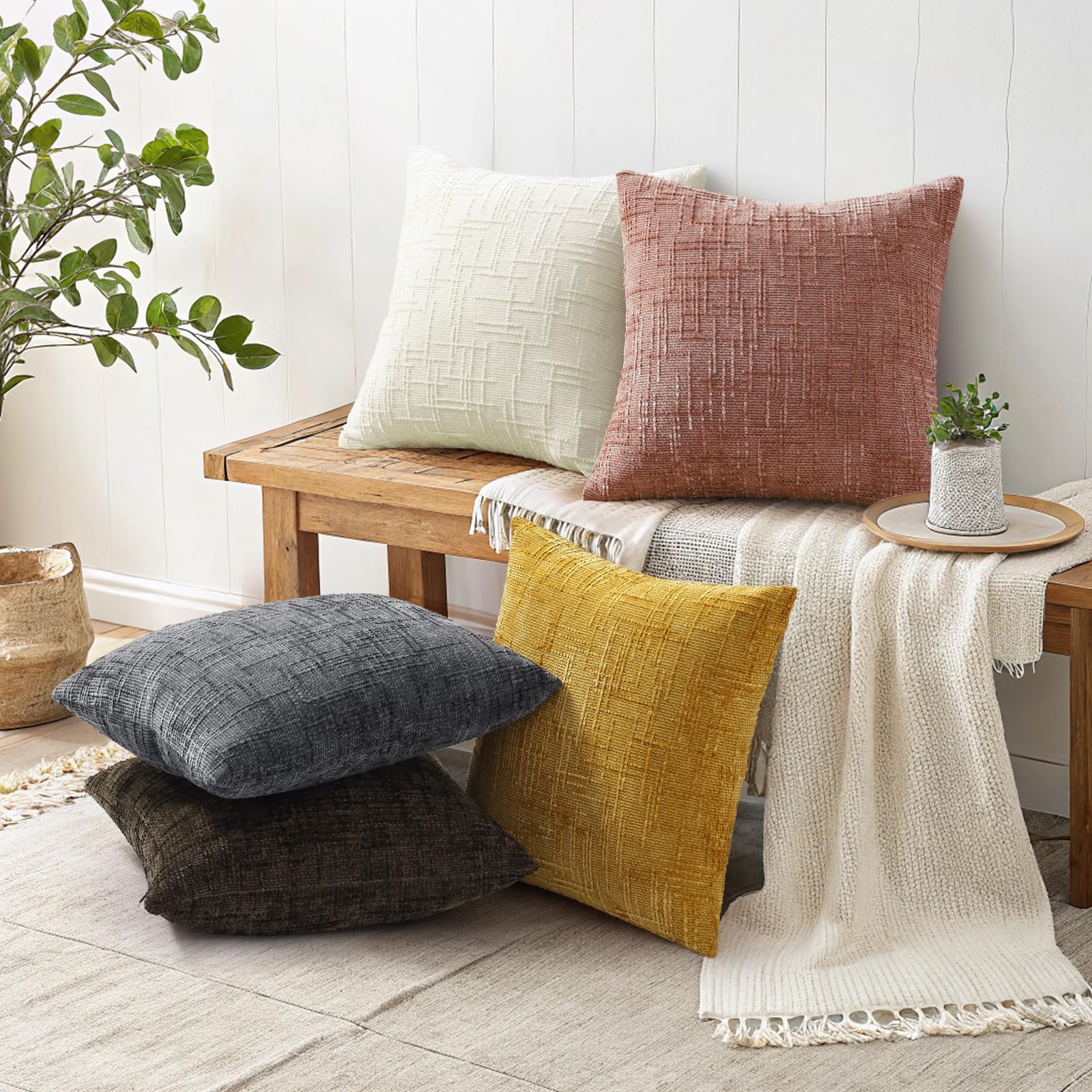 decorUhome Summer Cream White Chenille Throw Pillow Covers 18x18 Set of 2 Textured Cozy Slubby Couch Pillow Covers Modern Farmhouse Boho Decorative Pillow Cases for Bed Sofa Living Room