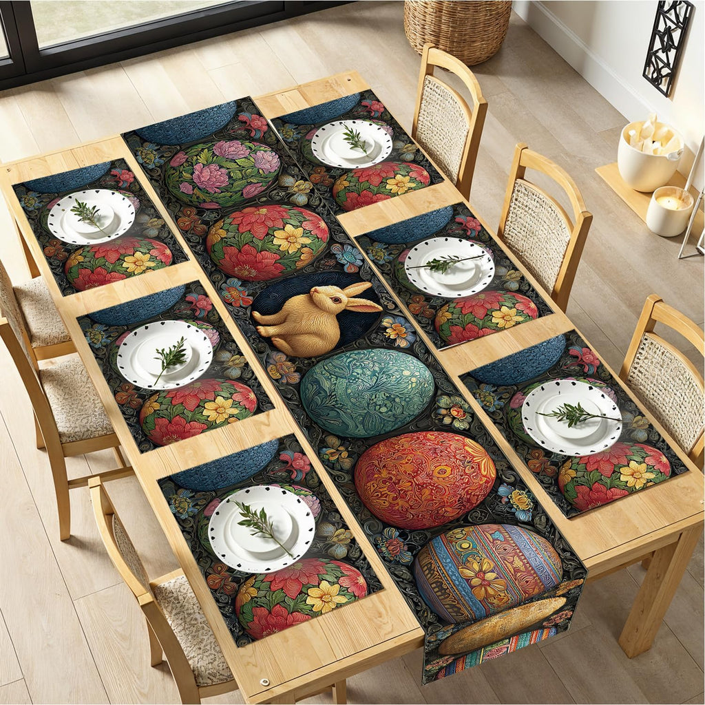 Marble Table Runner and Placemats Set of 6, Black & White Marble with Gold Vein Design, 1 Table Runner (72x13 in) + 6 Placemats (17.7x11.8 in), Elegant Dining Table Decor