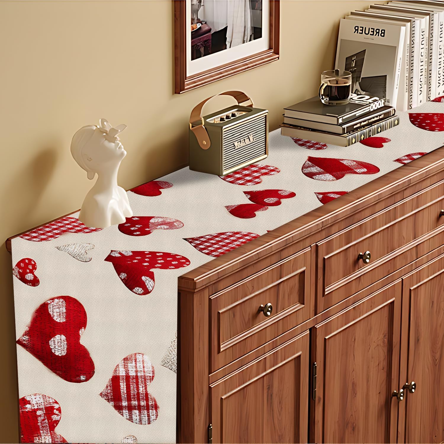 Marble Table Runner and Placemats Set of 6, Black & White Marble with Gold Vein Design, 1 Table Runner (72x13 in) + 6 Placemats (17.7x11.8 in), Elegant Dining Table Decor
