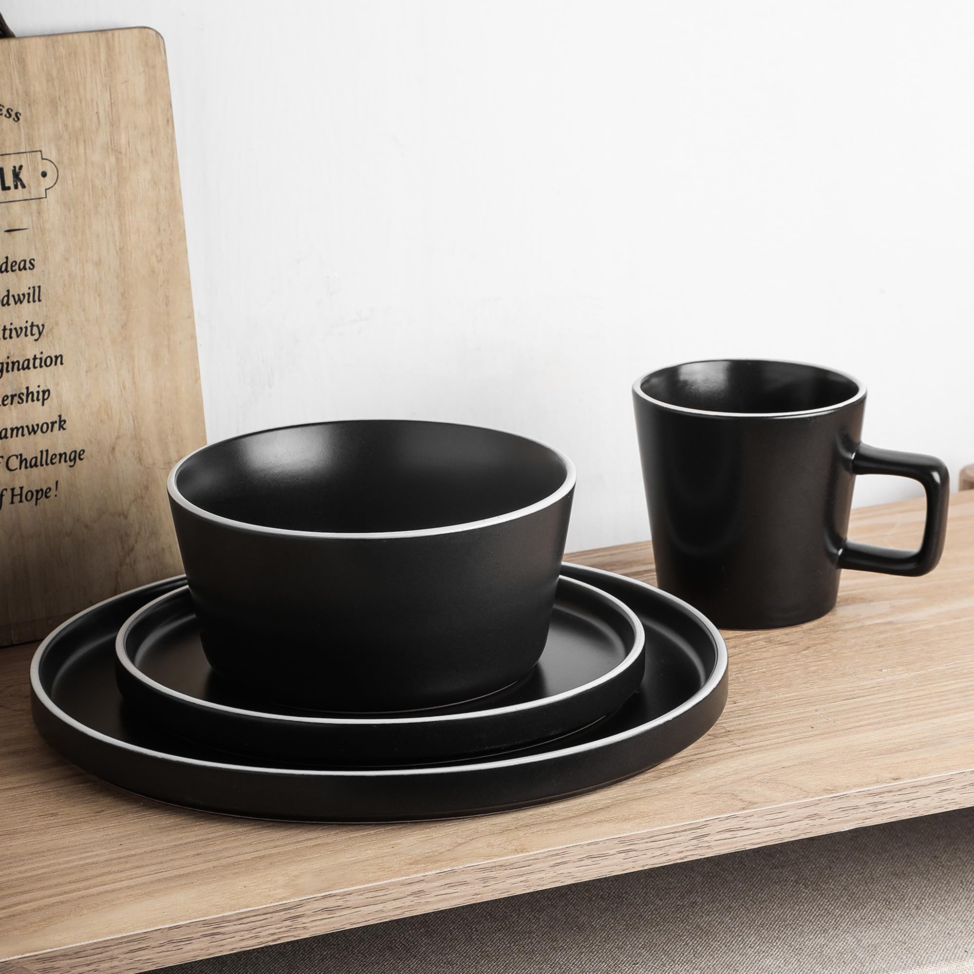 Stone Lain Celina Stoneware 16 Piece Dinnerware Set, Plates and Bowls, Black Matte Dish, Service for 4 – Minimalist Round Style, Microwave & Dishwasher Safe