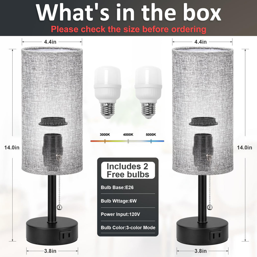 Bedside Table Lamps Set of 2-3 Color Temperatures Pull Chain Lamp with AC Outlet Charging Port, Small Round Night Stand Lamps for Bedroom Guest Room Office, Bed Side Light with E26 LED Bulbs