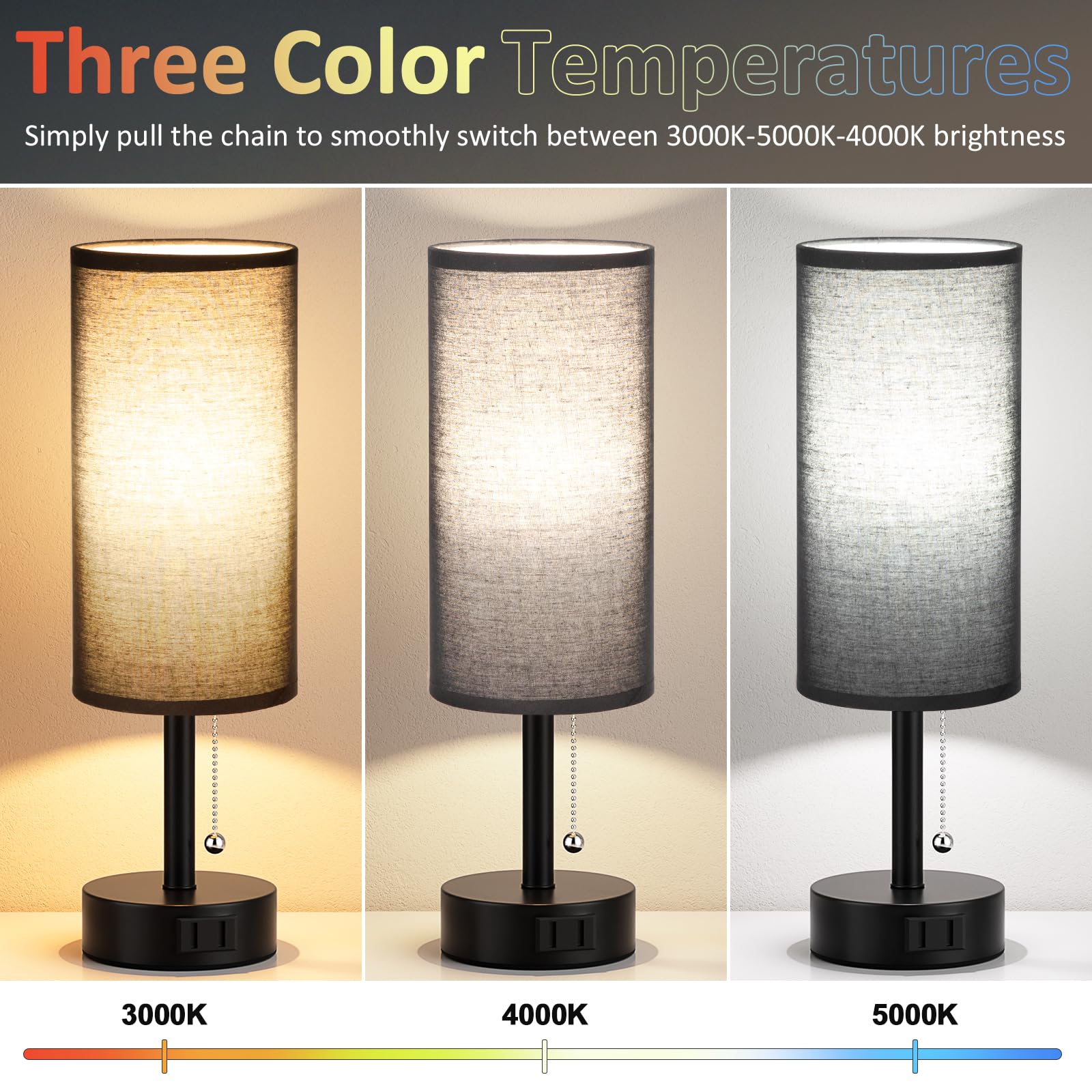 Bedside Table Lamps Set of 2-3 Color Temperatures Pull Chain Lamp with AC Outlet Charging Port, Small Round Night Stand Lamps for Bedroom Guest Room Office, Bed Side Light with E26 LED Bulbs