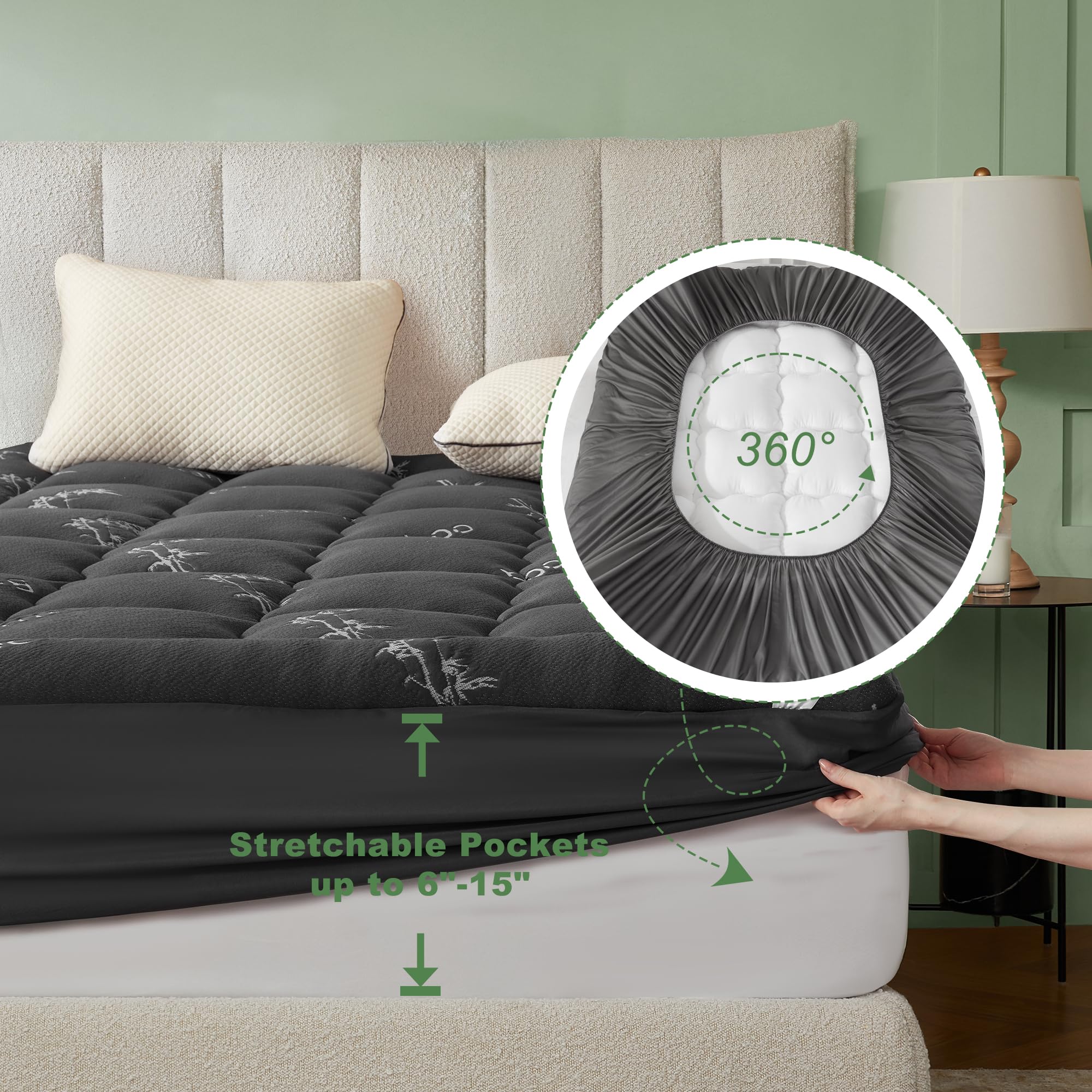 BEDLORE California King Mattress Topper Viscose Derived from Bamboo, Thick Pillow Top Mattress Pad with Stretchable Pockets for 6"-18" Mattress, Soft Mattress Topper for Back Pain Relief(Dark Gray)