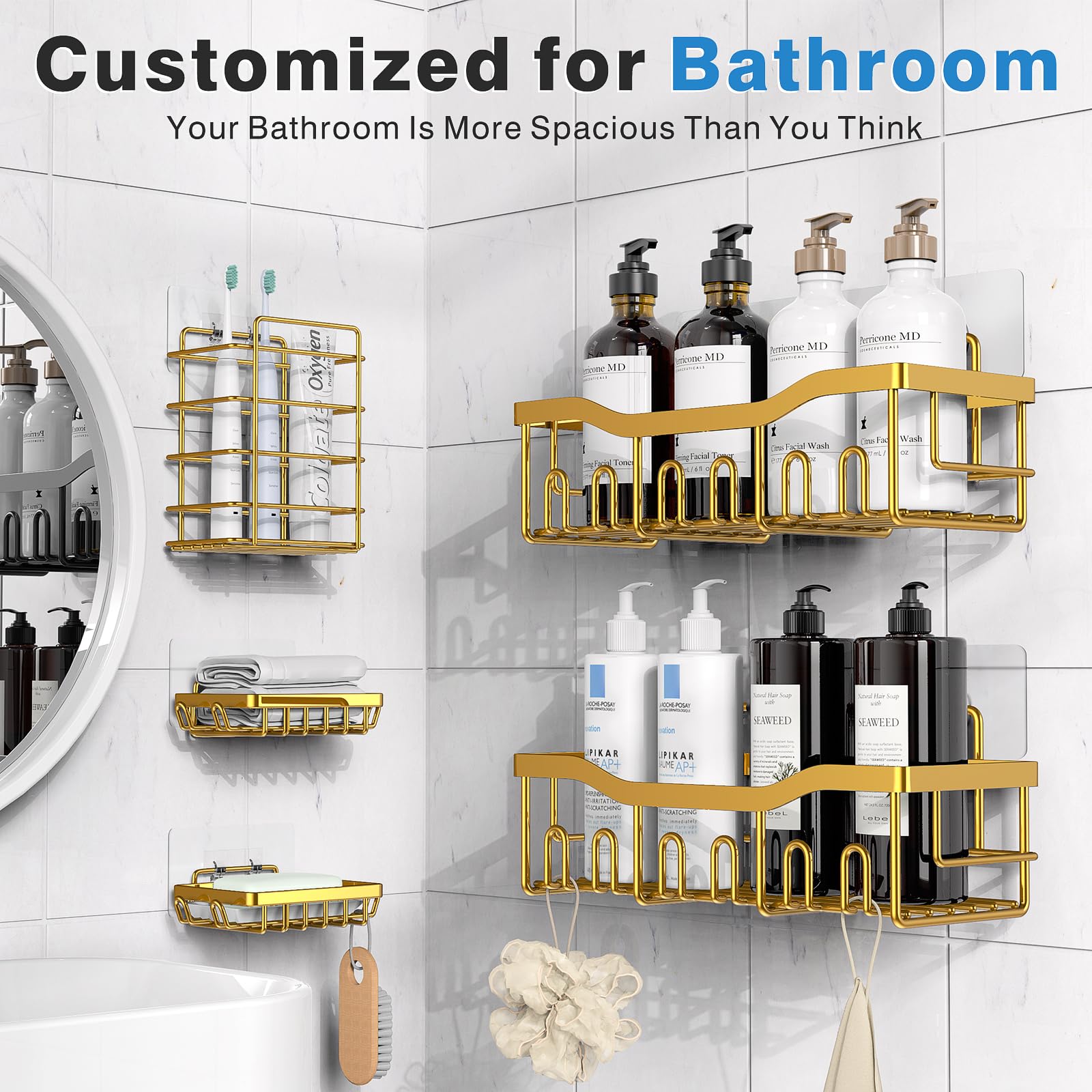 EUDELE Adhesive Shower Caddy, 5 Pack Rustproof Stainless Steel Bath Organizers With Large Capacity, No Drilling Shelves for Bathroom Storage & Home Decor