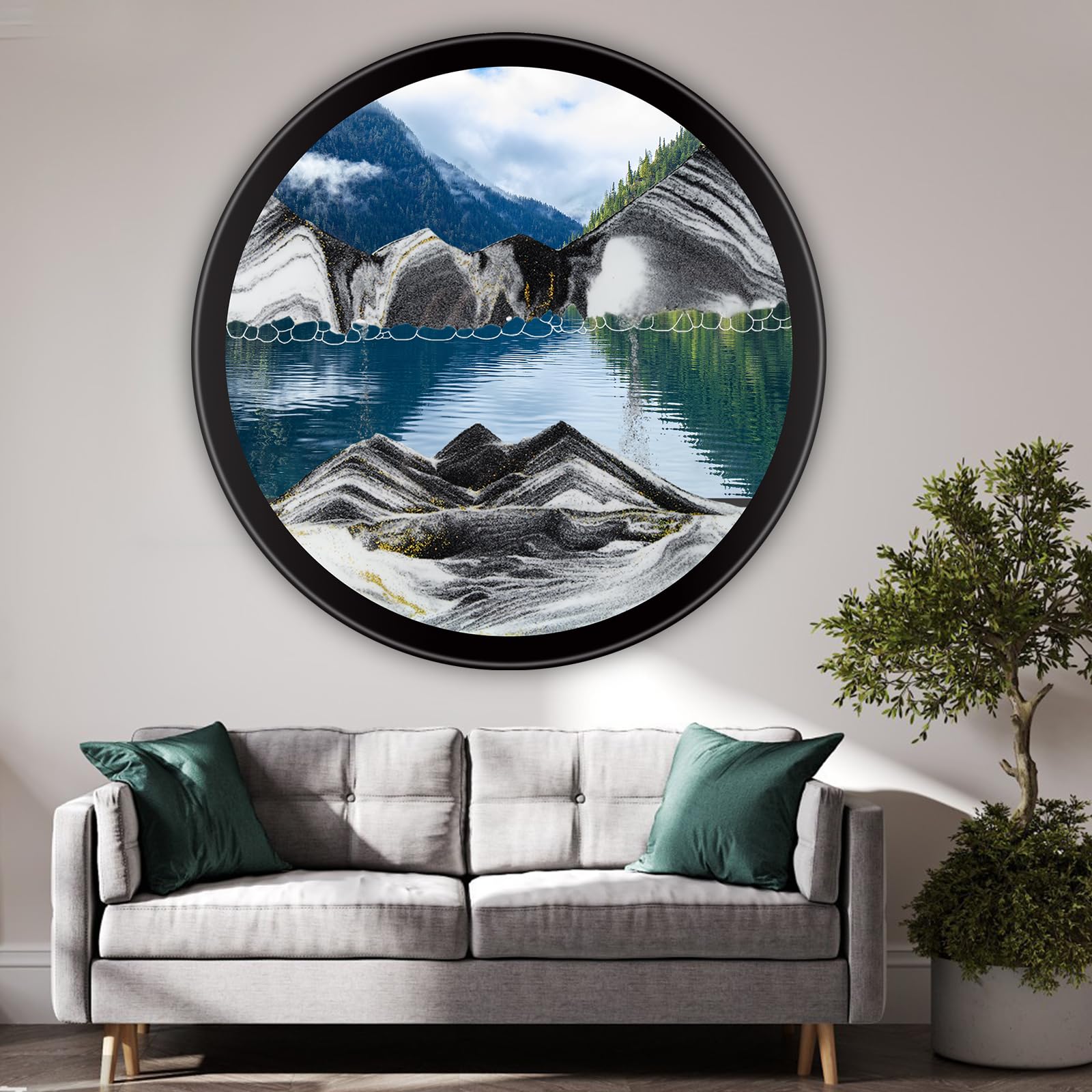 17.3" Moving Sand Art, 3D Sand Art Pictures Deep Sea Sandscape Living Room Decoration, 360° Rotate, Glass Crafts Solid Wood Frame, Relaxing Mood Home Office Work Wall Art Decor