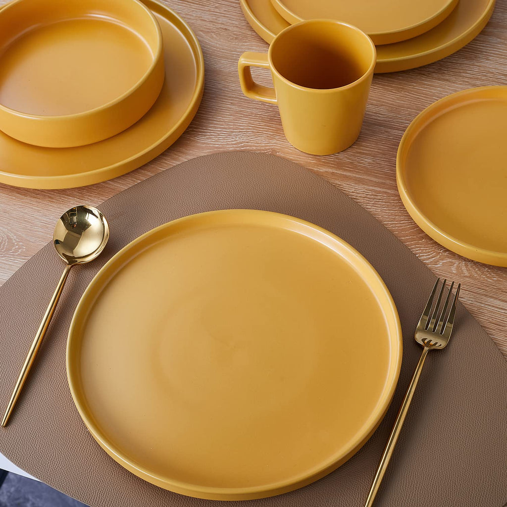 Stone Lain Celina Stoneware 16 Piece Dinnerware Set, Plates and Bowls, Black Matte Dish, Service for 4 – Minimalist Round Style, Microwave & Dishwasher Safe