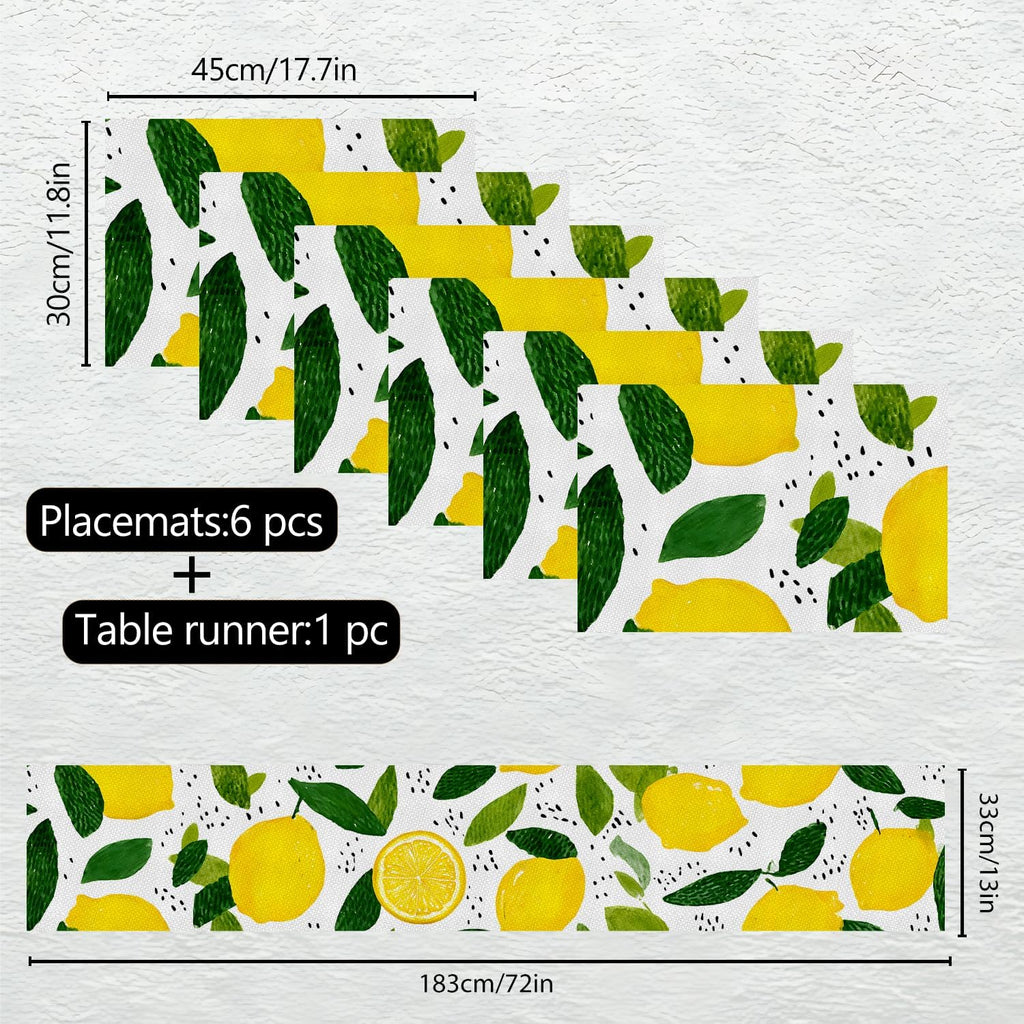 Marble Table Runner and Placemats Set of 6, Black & White Marble with Gold Vein Design, 1 Table Runner (72x13 in) + 6 Placemats (17.7x11.8 in), Elegant Dining Table Decor