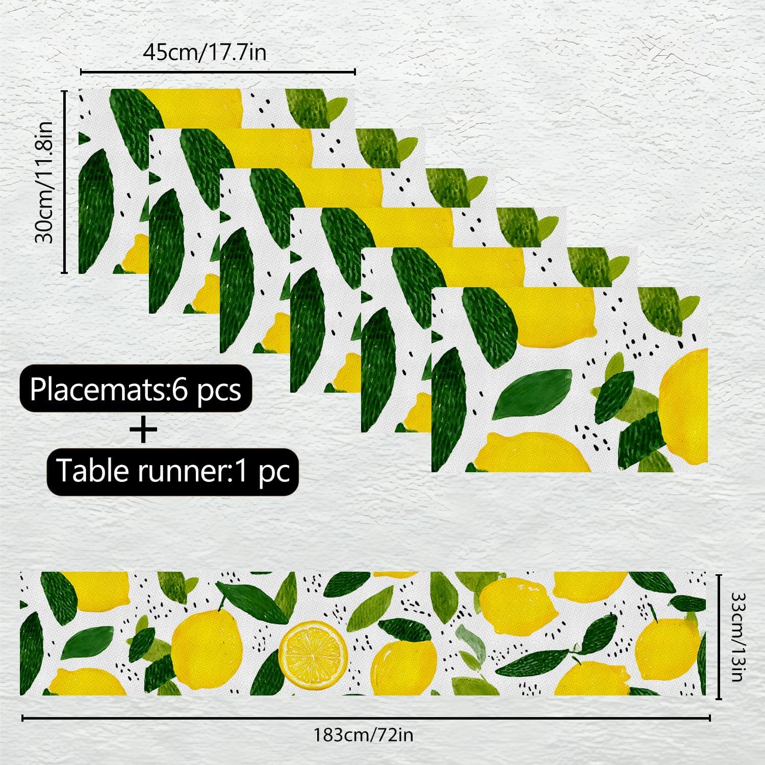 Marble Table Runner and Placemats Set of 6, Black & White Marble with Gold Vein Design, 1 Table Runner (72x13 in) + 6 Placemats (17.7x11.8 in), Elegant Dining Table Decor