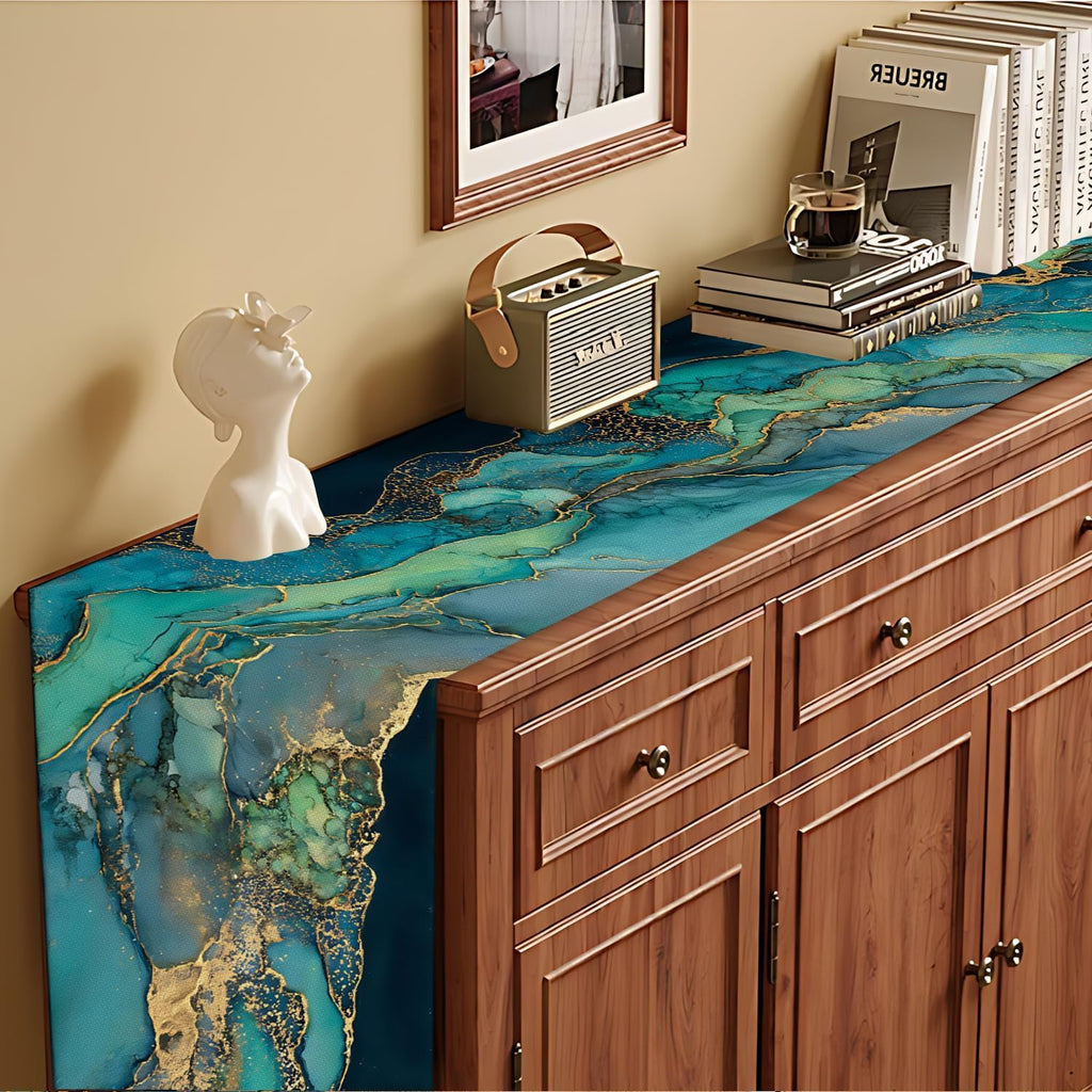 Marble Table Runner and Placemats Set of 6, Black & White Marble with Gold Vein Design, 1 Table Runner (72x13 in) + 6 Placemats (17.7x11.8 in), Elegant Dining Table Decor
